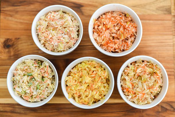 Five different coleslaws.