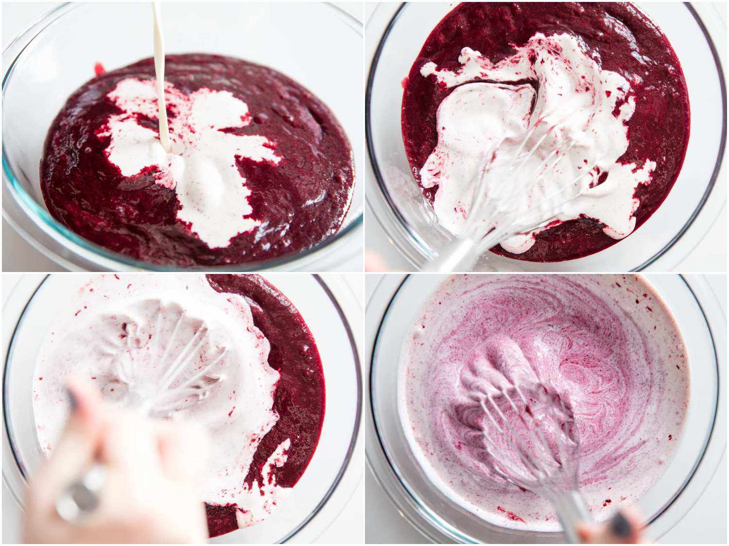 A four-image ollage of cream being whisked into blackberry purée in a glass bowl until combined.