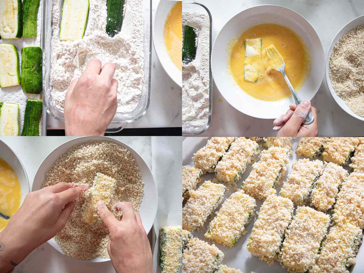 Breaded zucchini sticks being prepared in steps including flouring egg dipping and coating with breadcrumbs arranged on a tray
