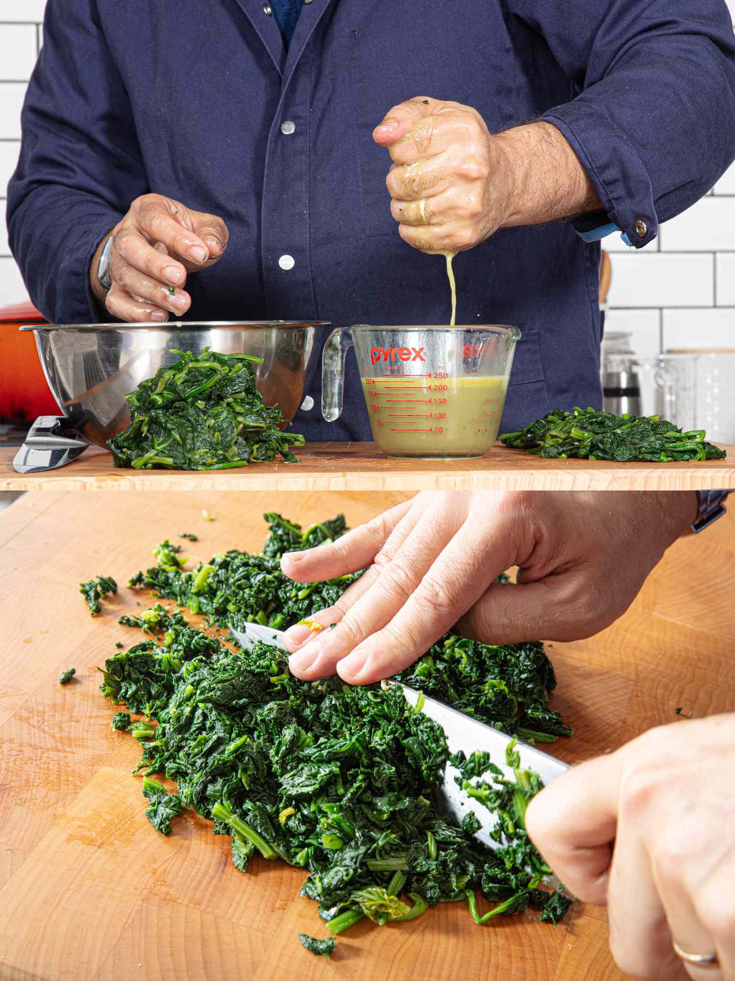 A person is preparing kale mixing in a bowl and chopping it on a wooden board