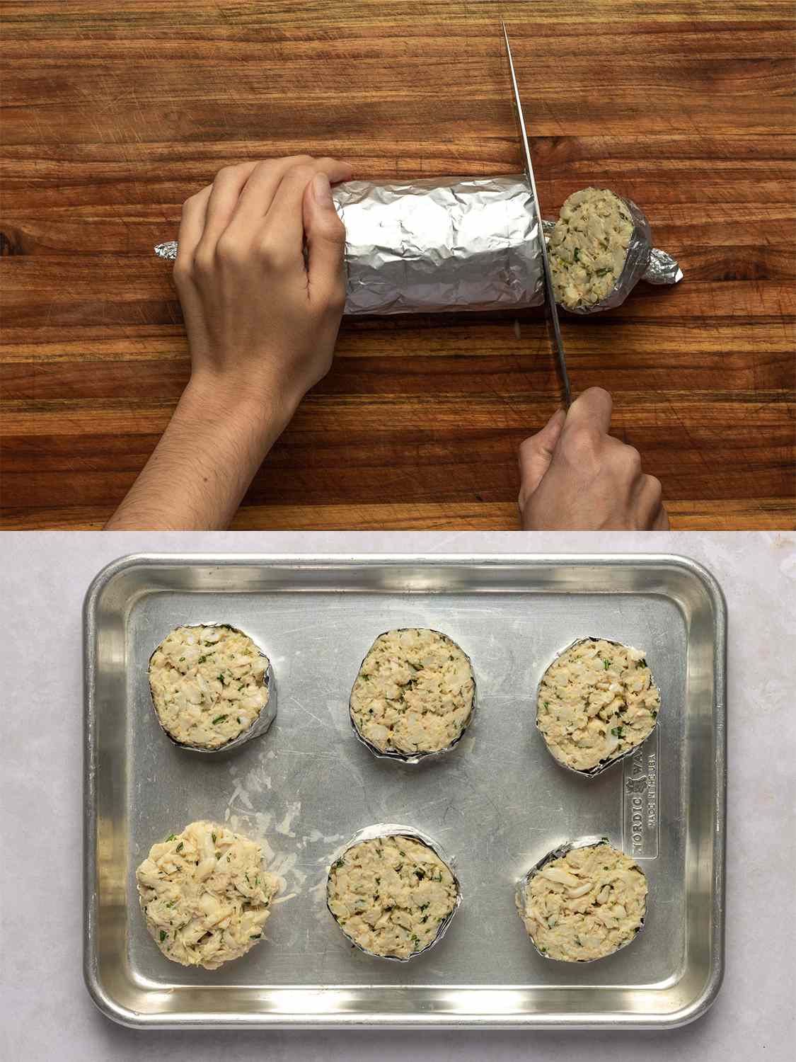 A two-image collage. The top image shows the twisted end of log being sliced off using a sharp chef's knife on a wooden cutting board. The bottom image shows the log sliced into 6 individual discs and transferred (with their foil) to a rimmed baking sheet cut-side down, along with a free-form crab cake formed from the twisted ends.