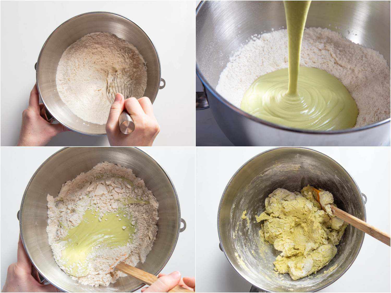 A collage: incorporating wet and dry ingredients for pistachio buns to form a dry and shaggy dough