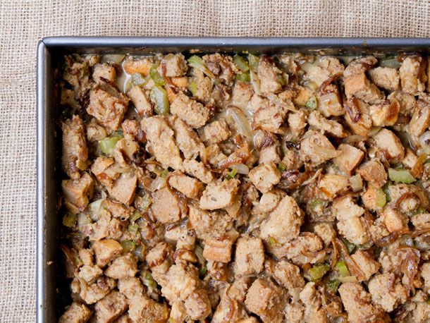 The liver stuffing assembled in a pan, ready to be baked.