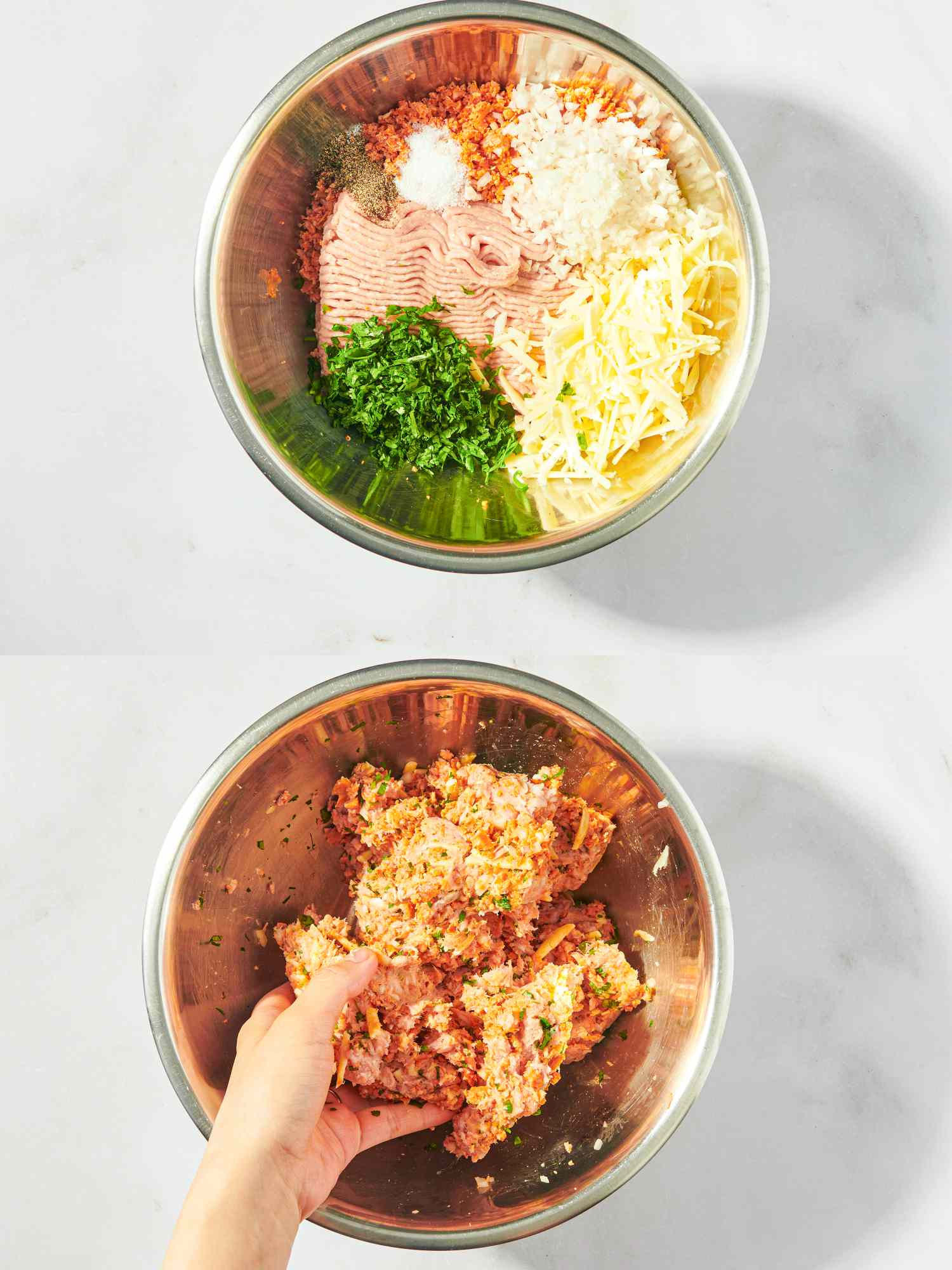 Ingredients and preparation of turkey chorizo burger mix shown in a bowl with mixing by hand