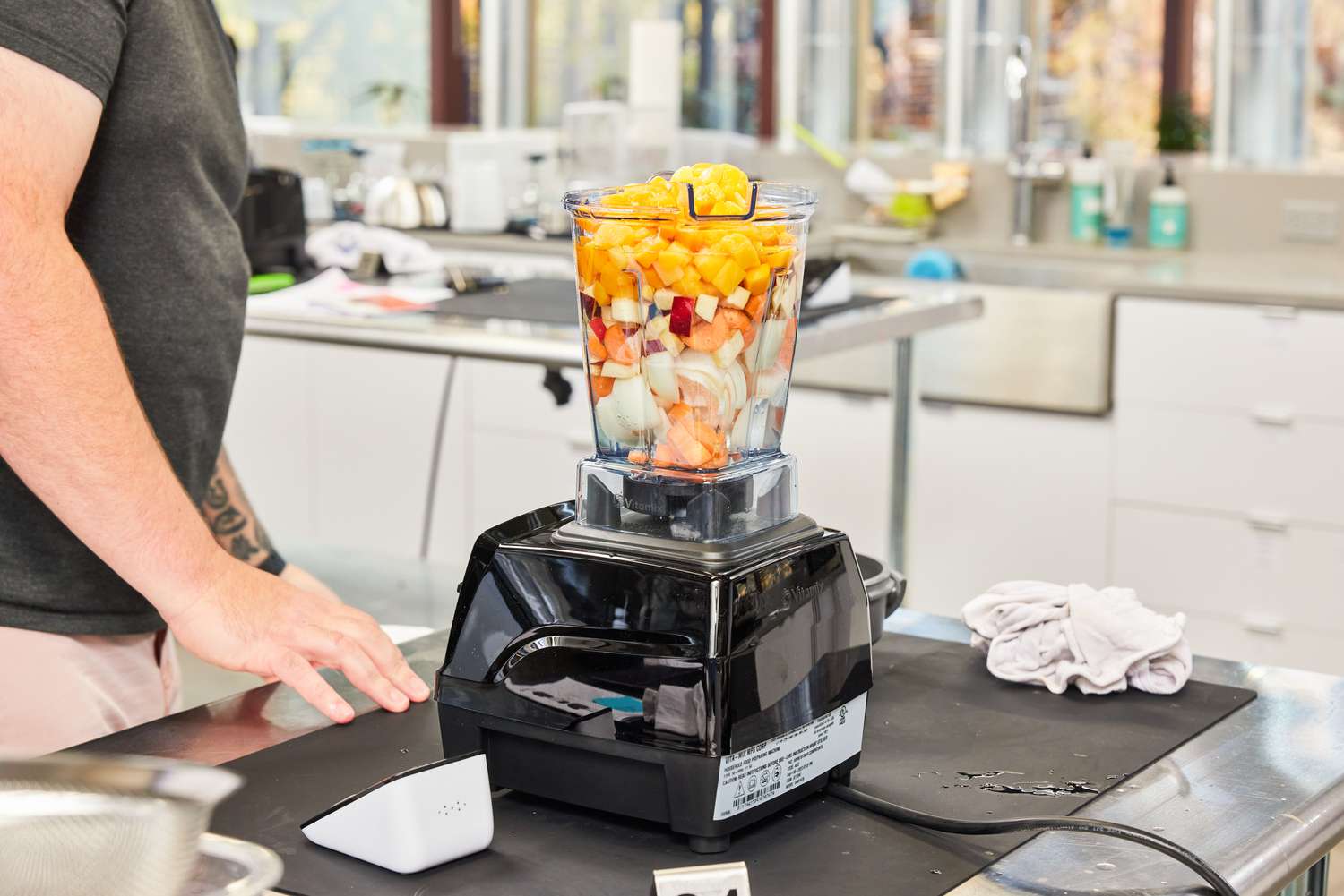 Soup ingredients in a blender.