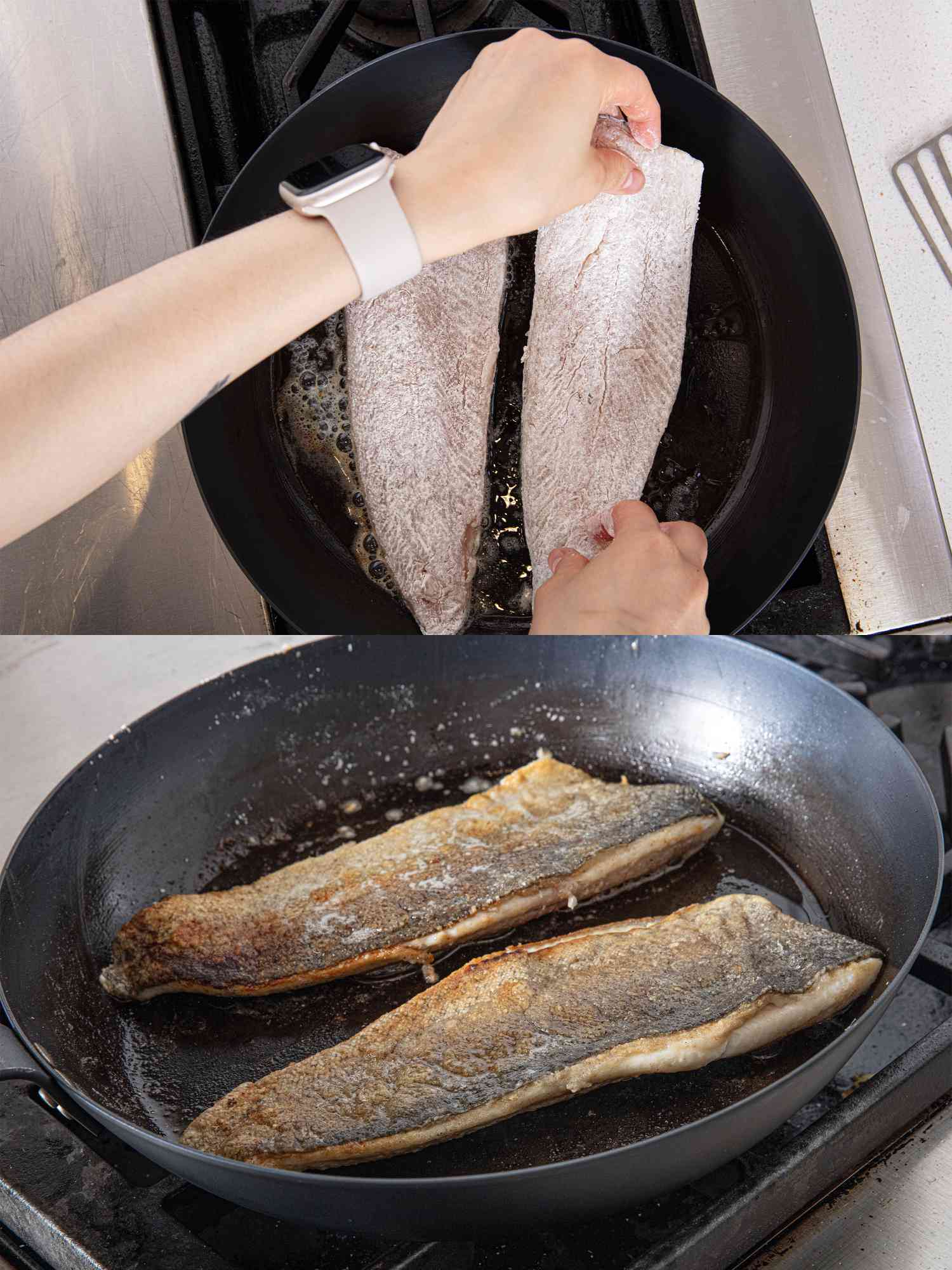 Overhead view of frying trout