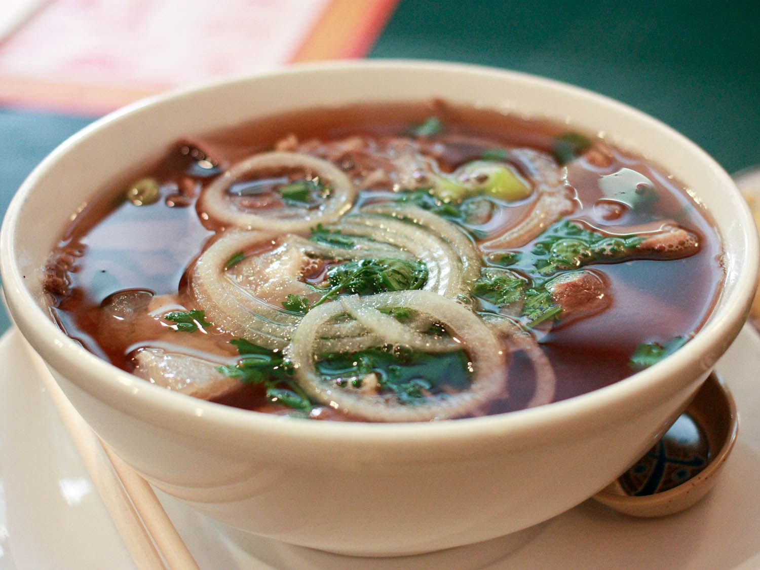Bowl of pho topped with onions and cilantro.