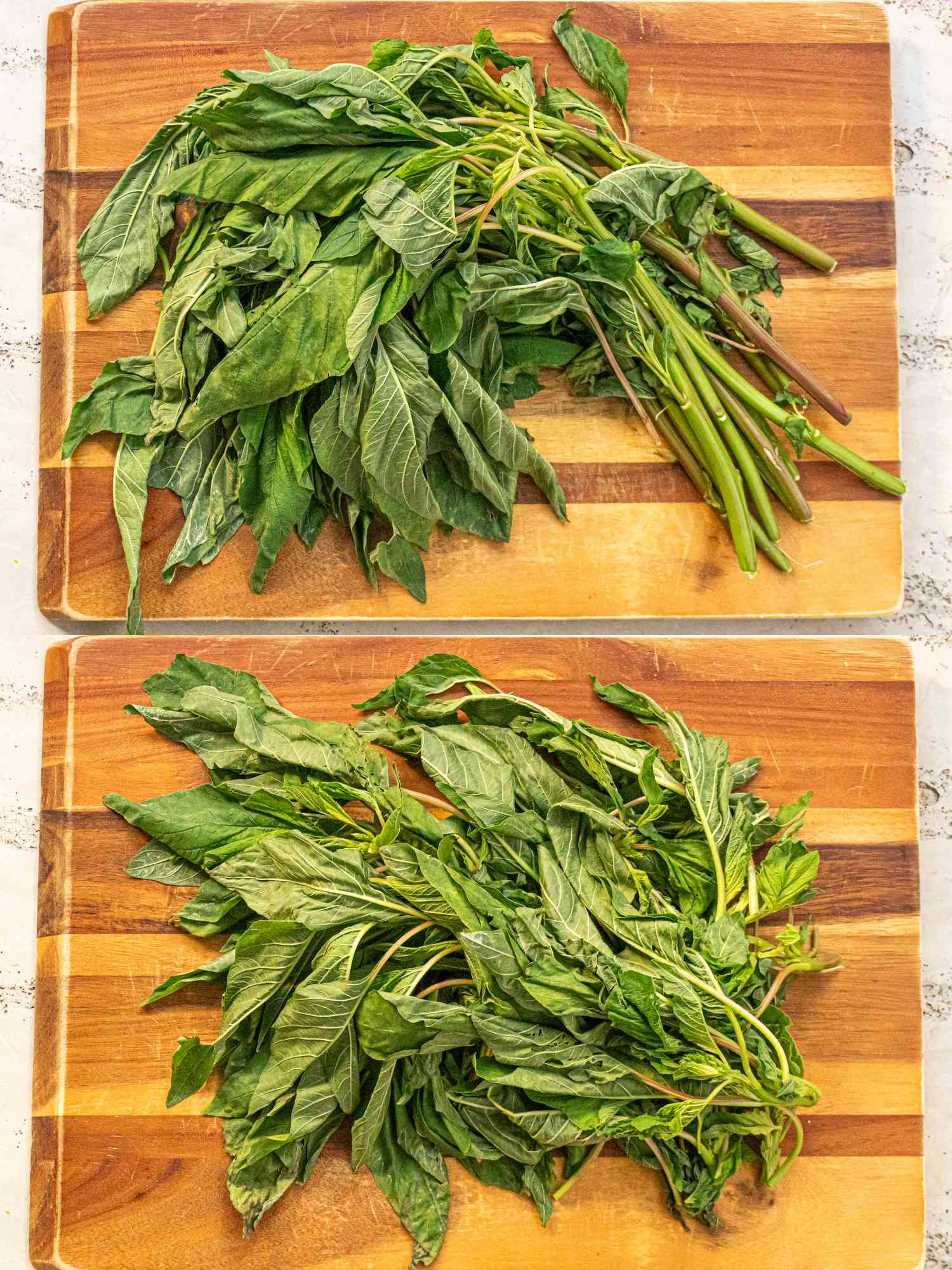 Two image collage of leaves before and after stem being cut off