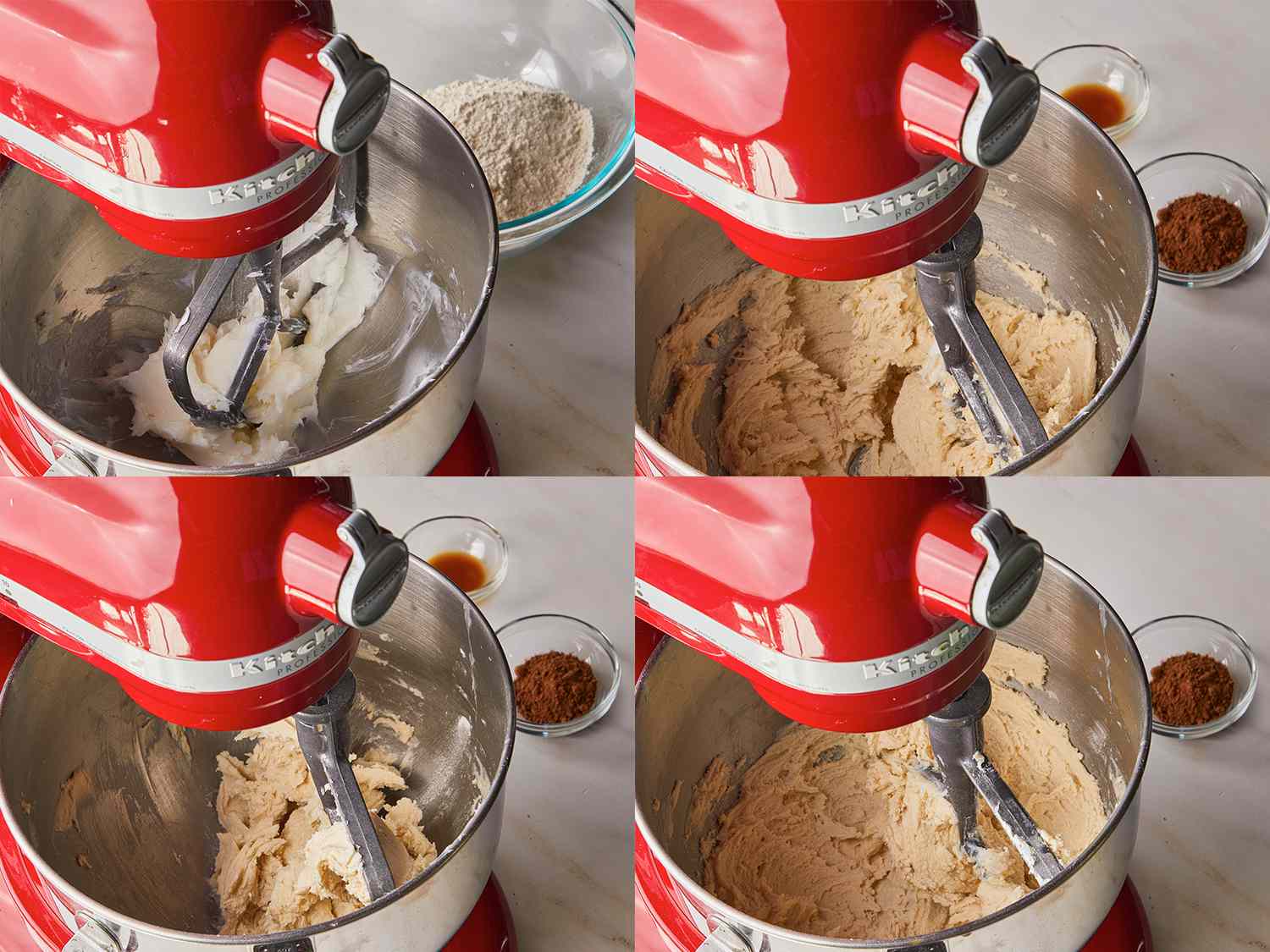 Four image collage of concha crust dough being formed to proper consistency in a red kitchen aid stand mixer