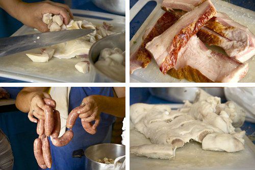 Collage of sausages and several types of offal being prepared for cooking.