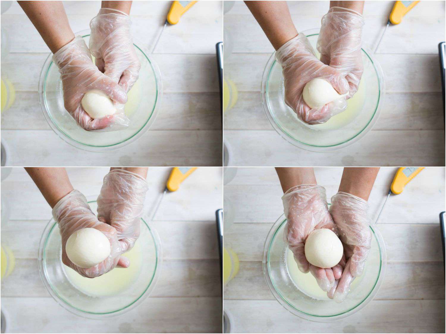 Photo collage showing the process of forming stretched mozzarella curd into a ball to make fresh mozzarella.