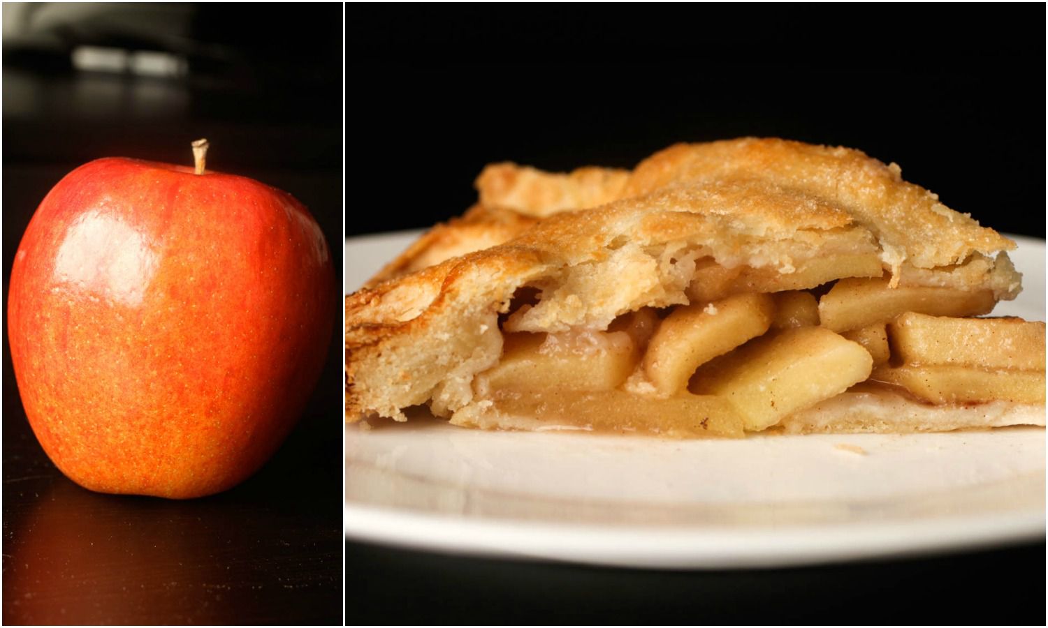 Collage of a Braeburn apple next to a slice of pie made with Braeburn apples