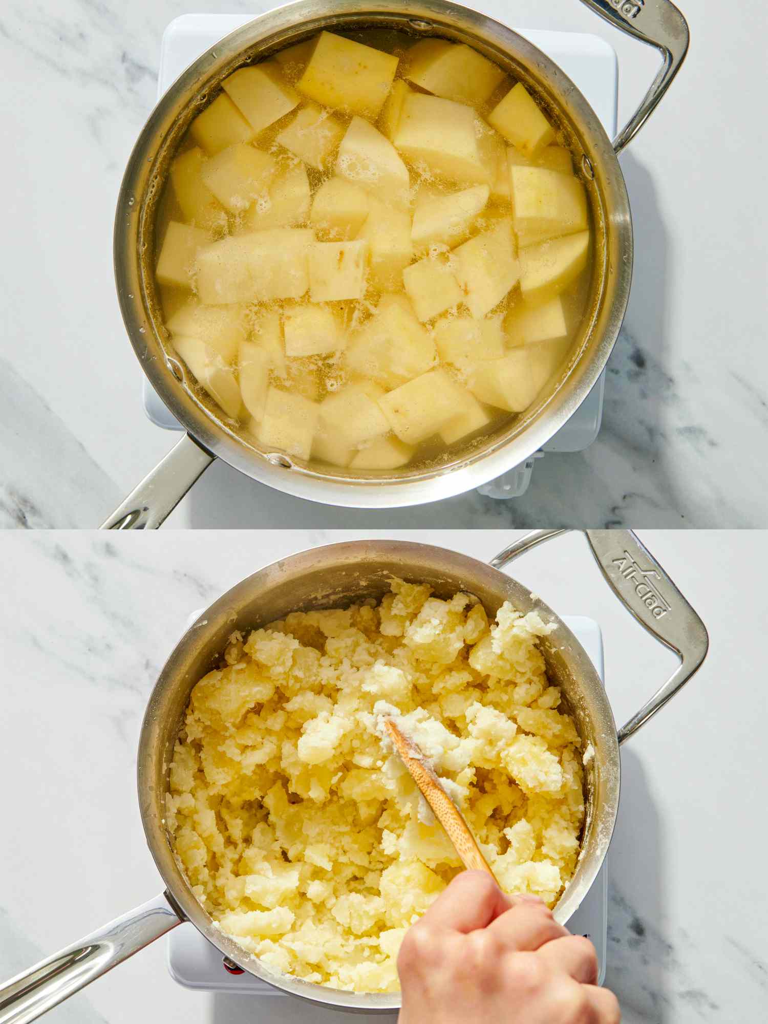 Two steps of preparing mashed potatoes in a pot showing cubed potatoes being boiled and then mashed with a wooden spoon