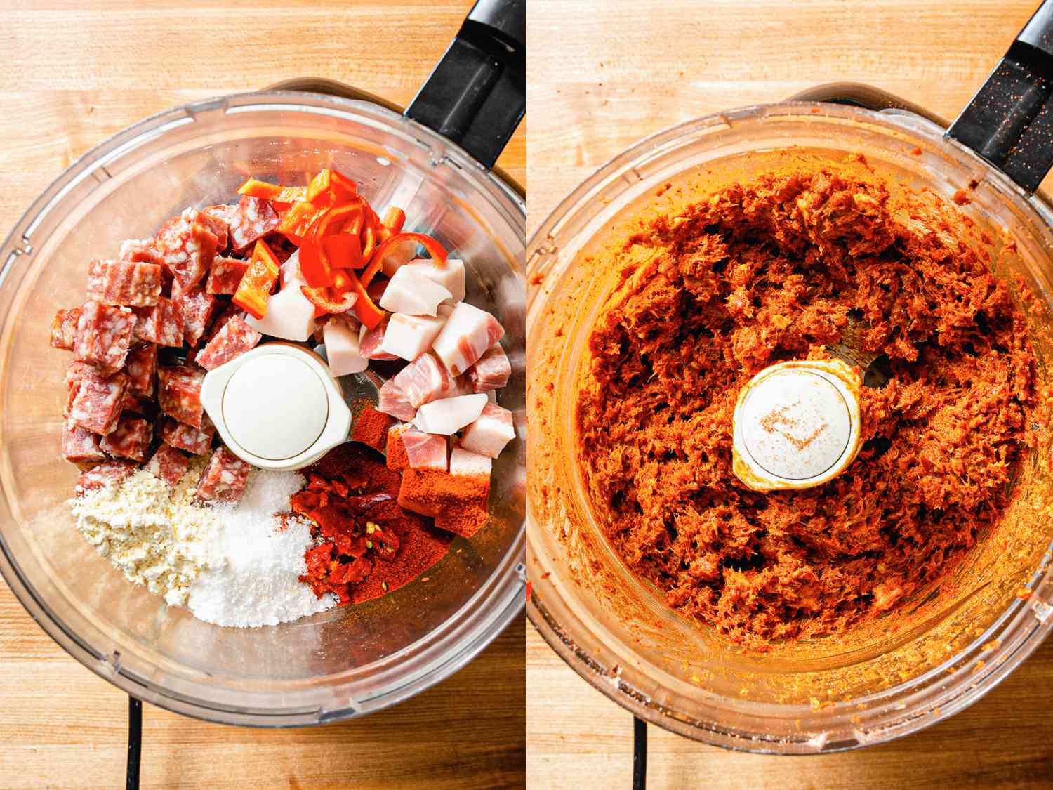 Overhead view of a food processor with ingredients for fake nudja before and after being blended