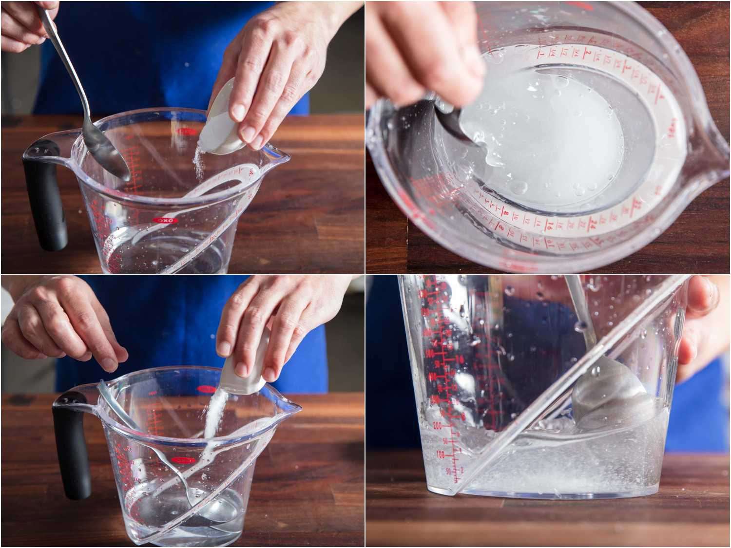 Collage of dissolving kosher salt and alkaline salt in water