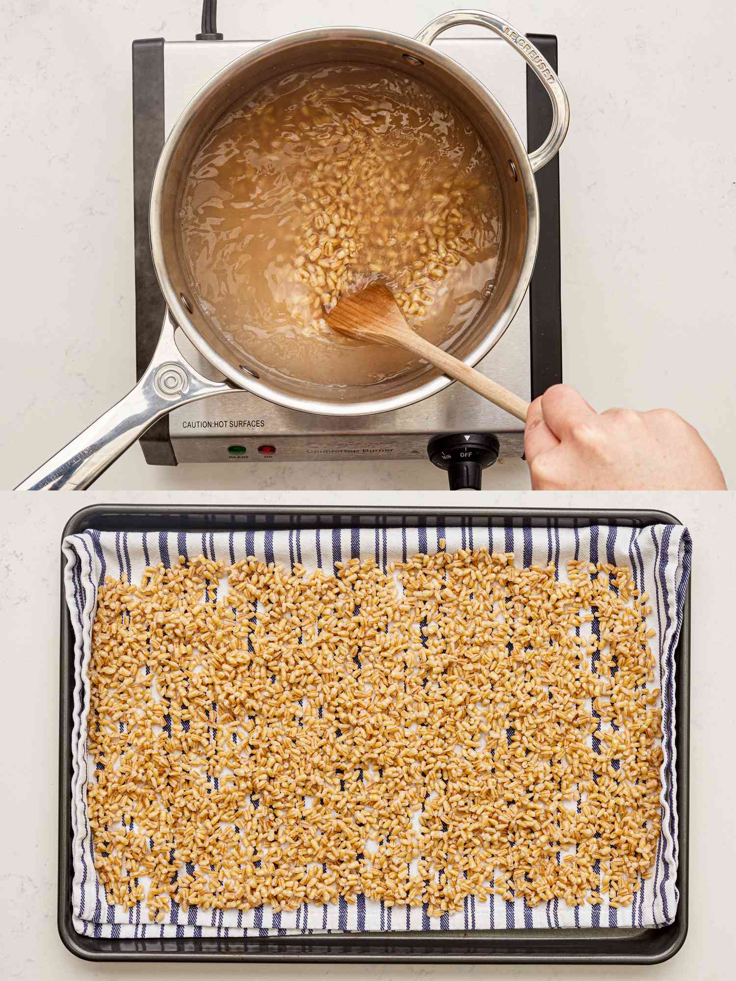 Two image collage of barley being cooked on stovetop then baked