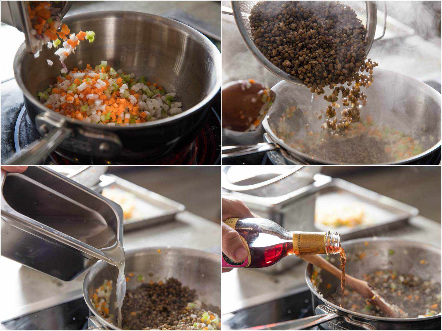 A four-image collage showing: diced vegetables in a saucepan, cooked lentil added to the mix, followed by their liquid and a dash of red wine vinegar.