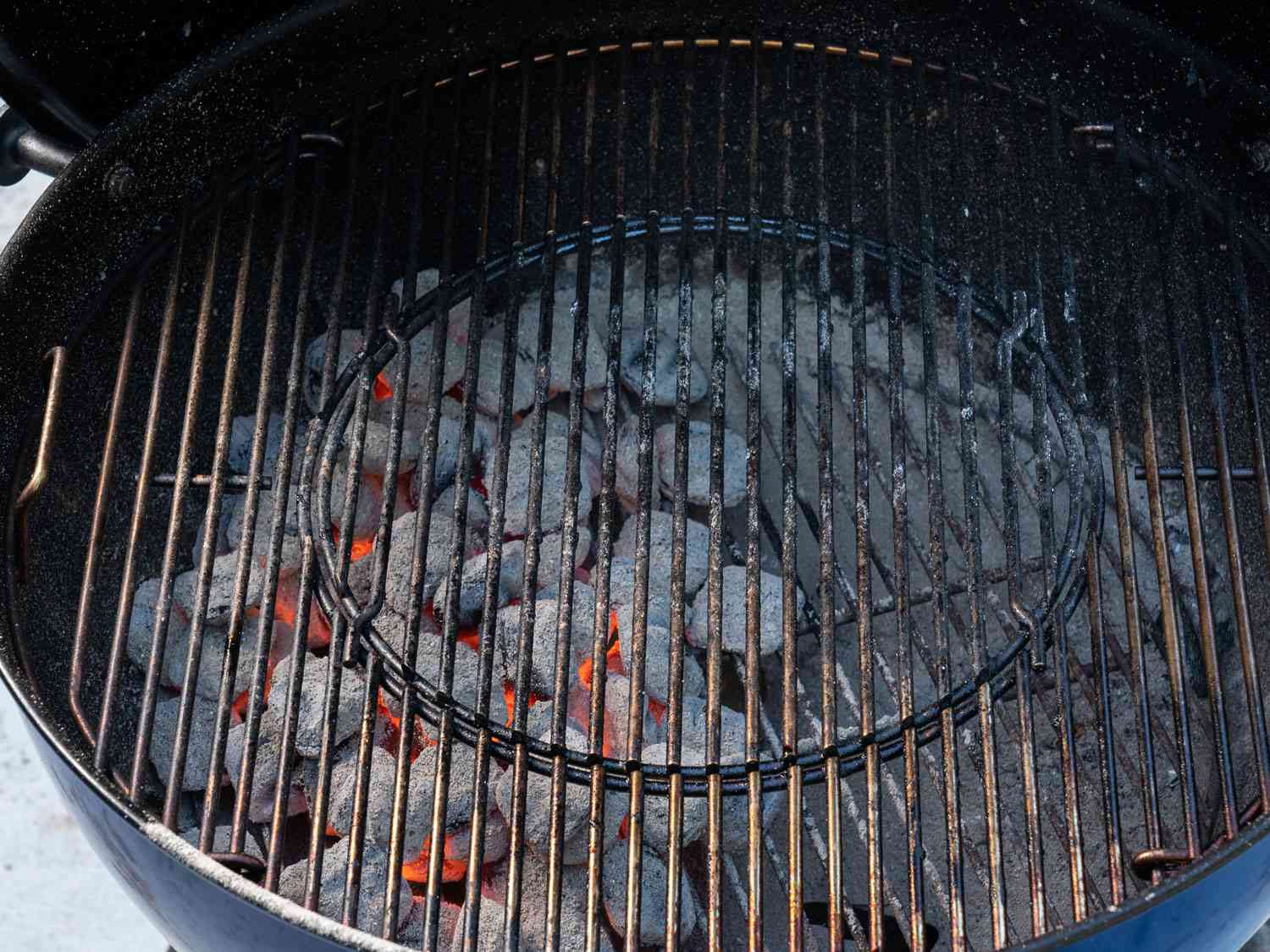 Overhead view of a charcoal grill