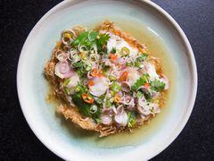 Overhead of yam khai dao on a serving plate.