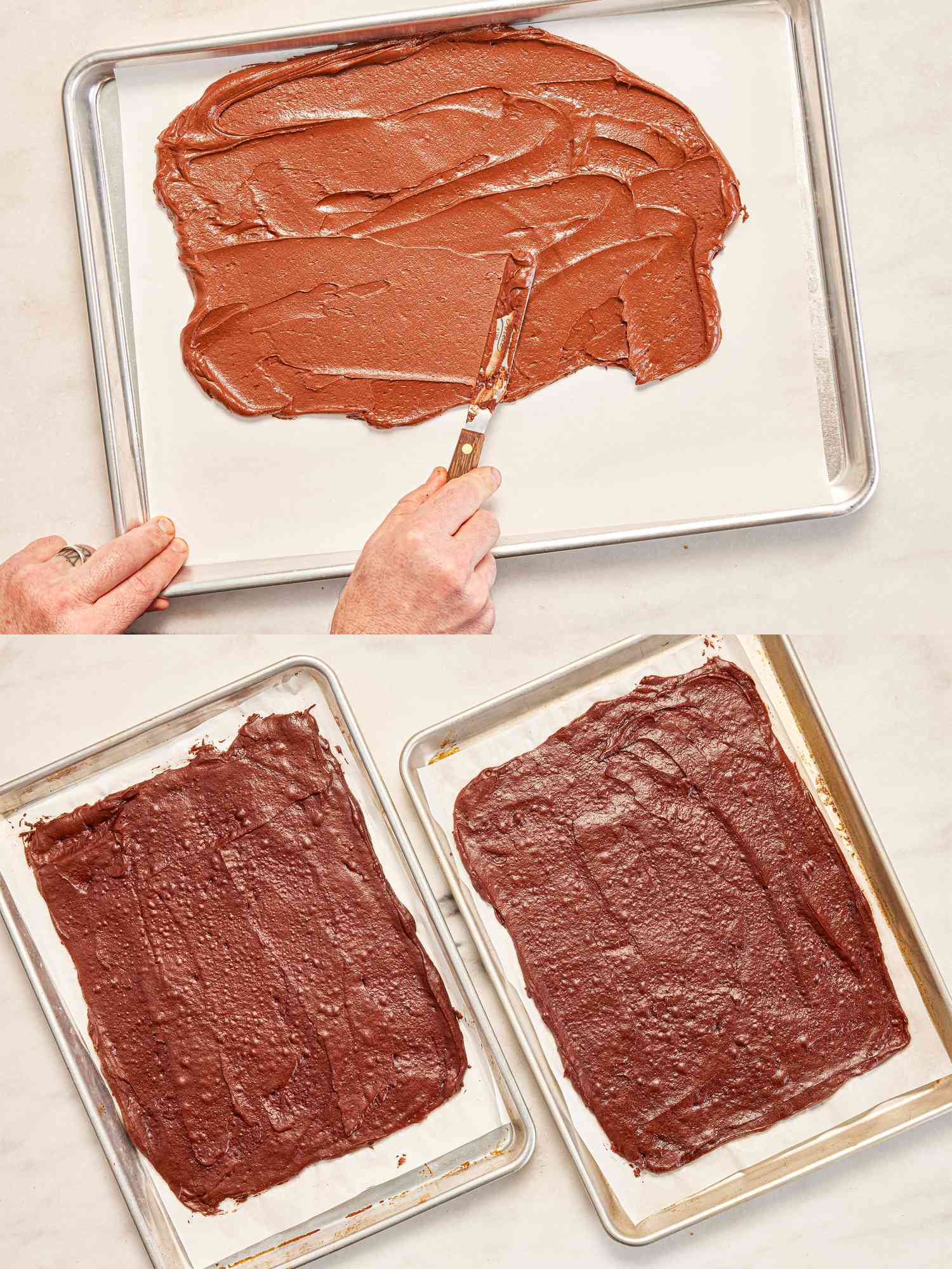 Overhead view of spreading batter and batter after its been cooked