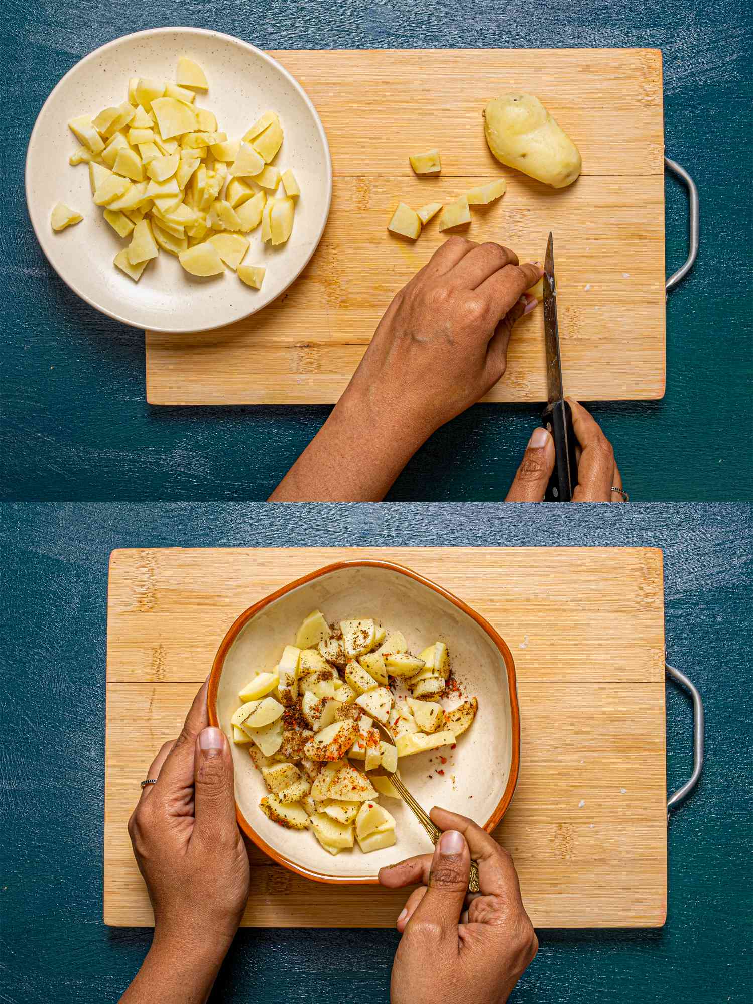 Two image collage of cutting up and spicing potatoes