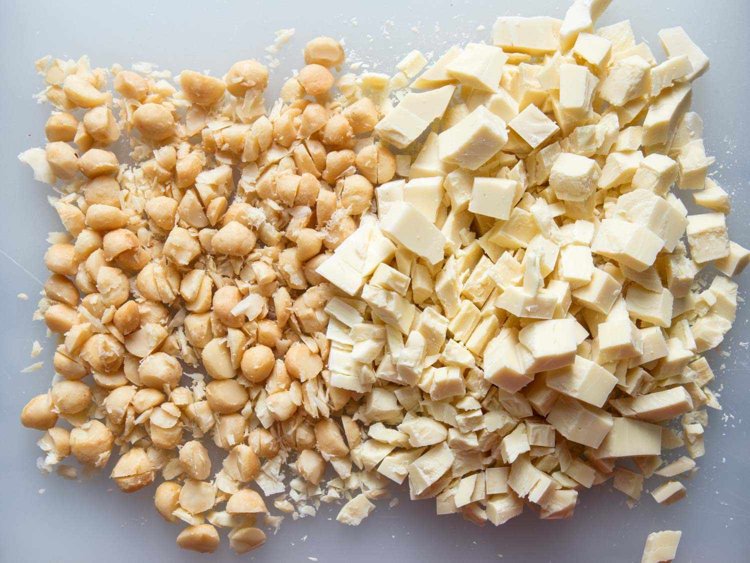 Macadamia nuts and chopped white chocolate.