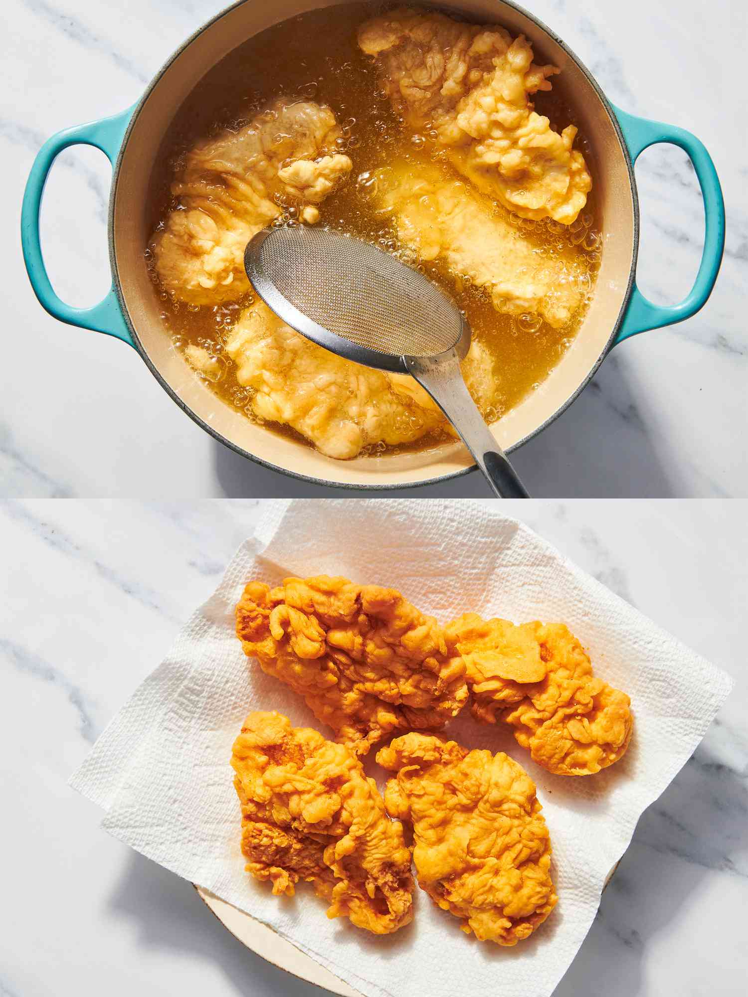 Two image collage of finishing frying fish