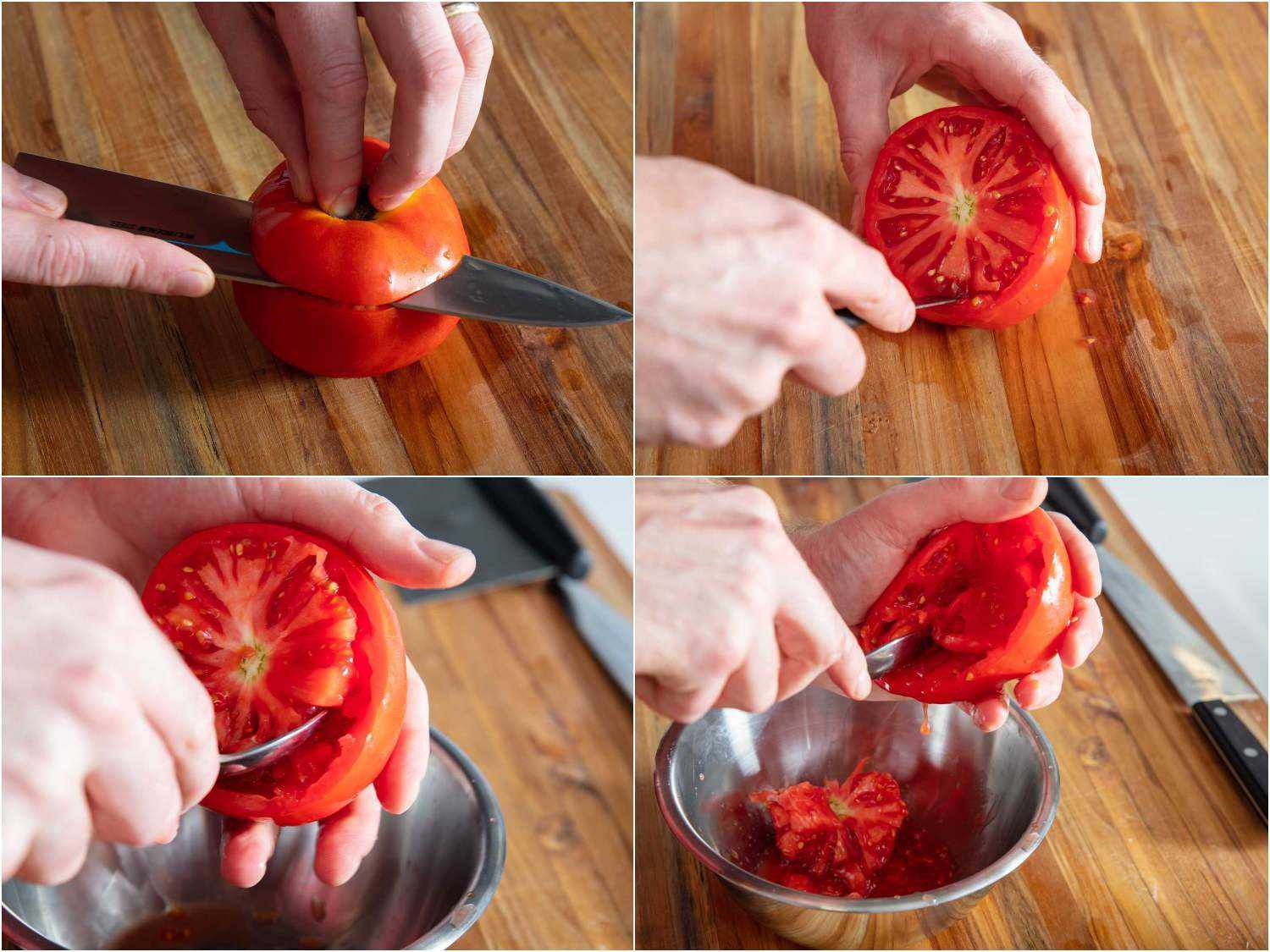 Collage of four images showing hollowing out tomatoes with a paring knife and spoon, reserving the scooped out insides.
