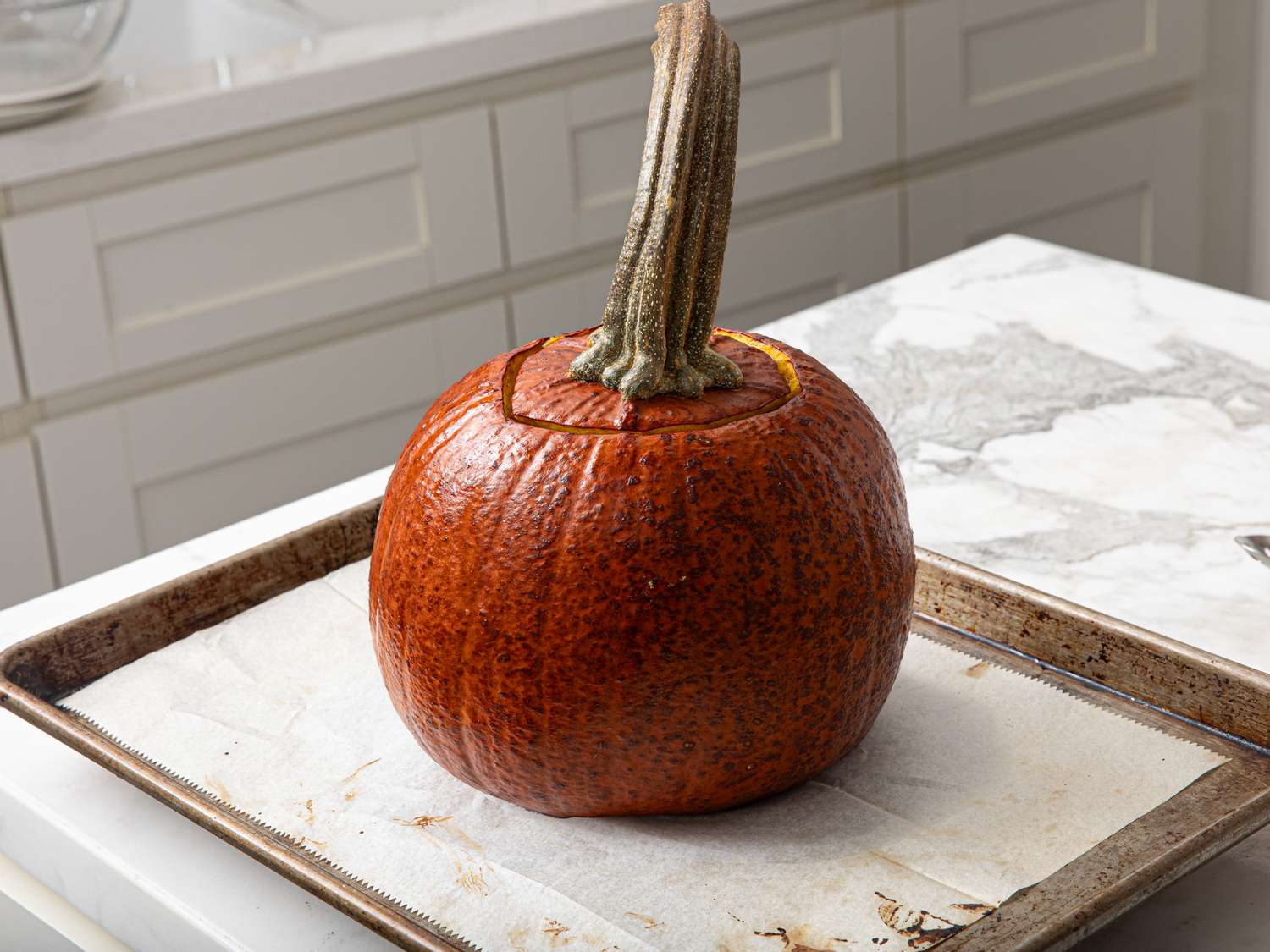 Side view of pumpkin after it's been baked