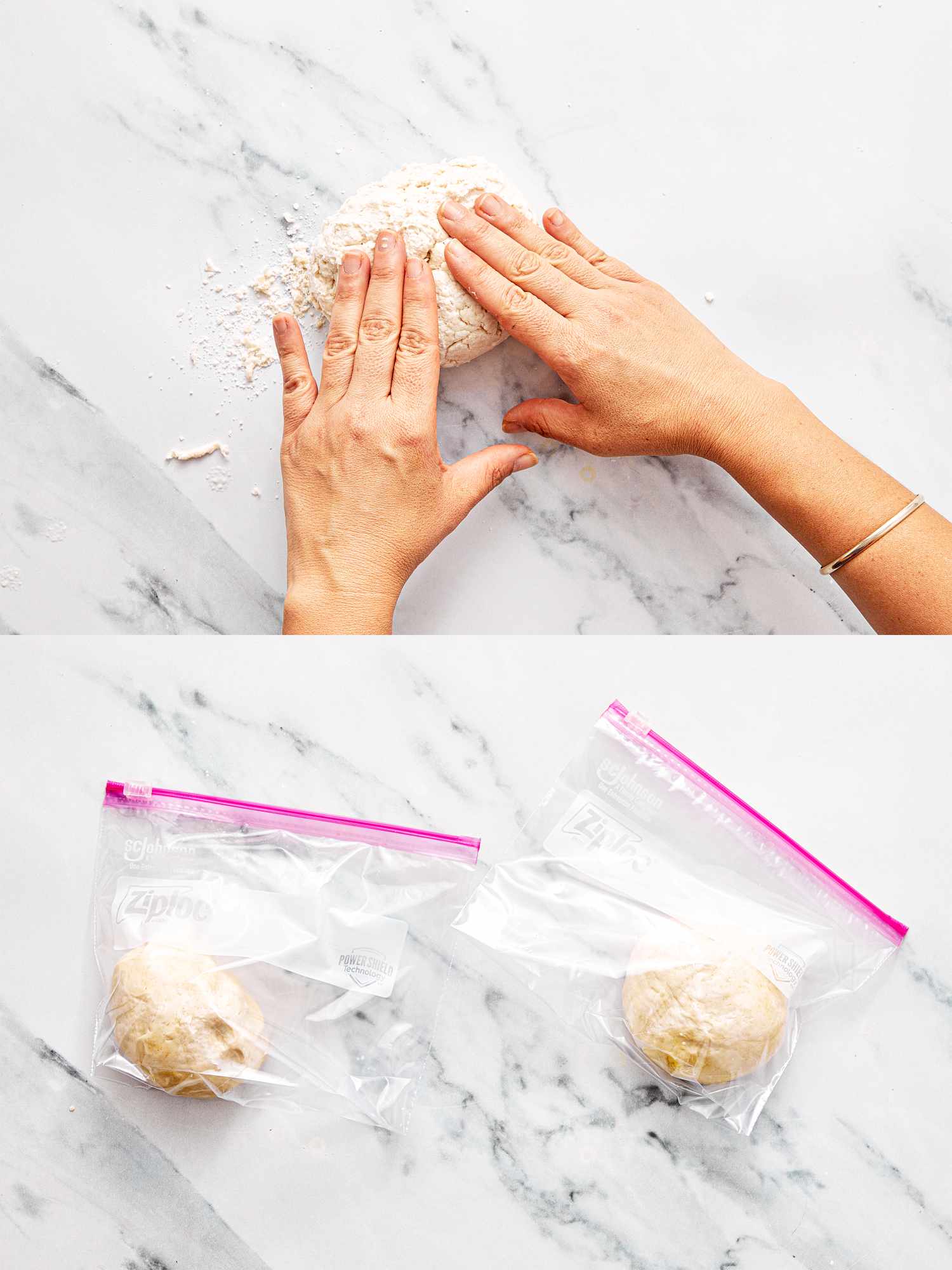 Two steps in preparing pizza dough first kneading by hand then portioned into plastic bags for storage