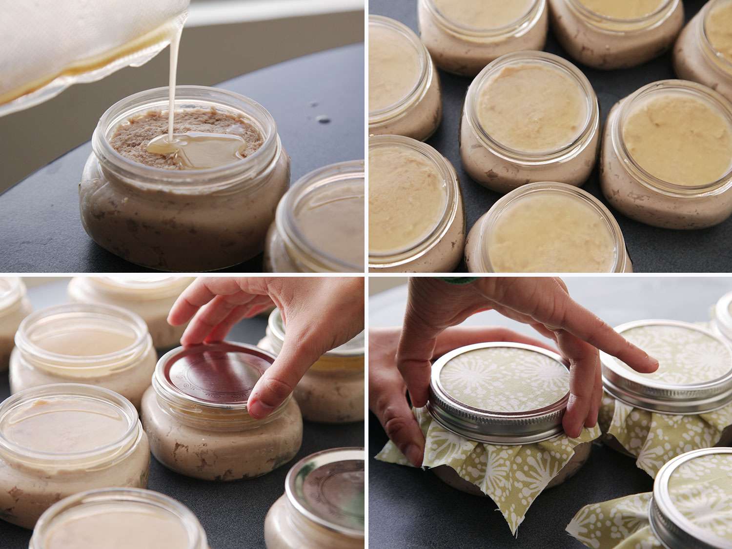 Jars filled with pork rillettes are topped with melted lard and decoratively sealed with a square of patterned cloth for gifting.