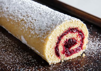 An old-fashioned jelly roll sprinkled with powdered sugar on a baking sheet. 