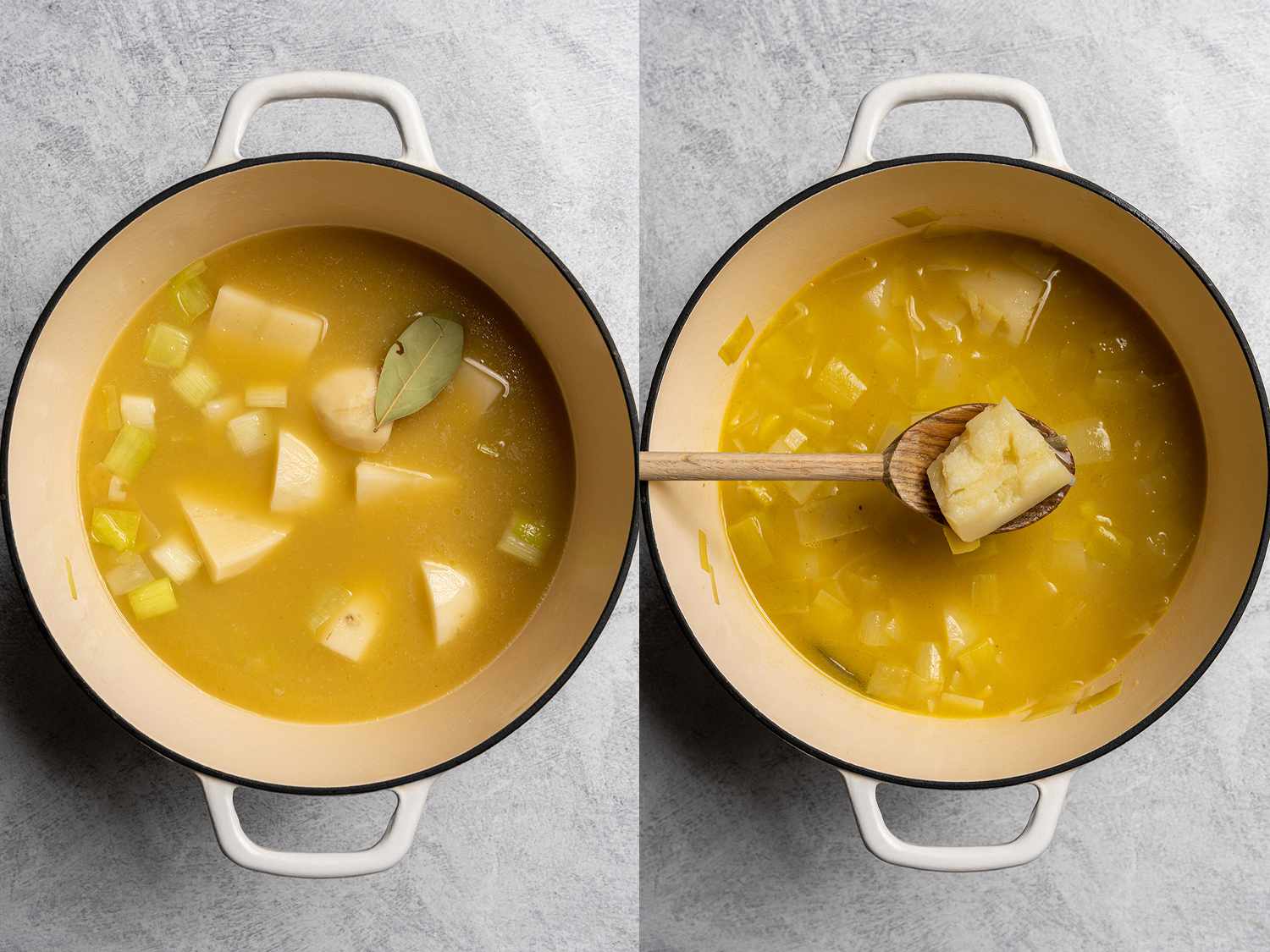 Potatoes cooking down in broth for potato leek soup. 