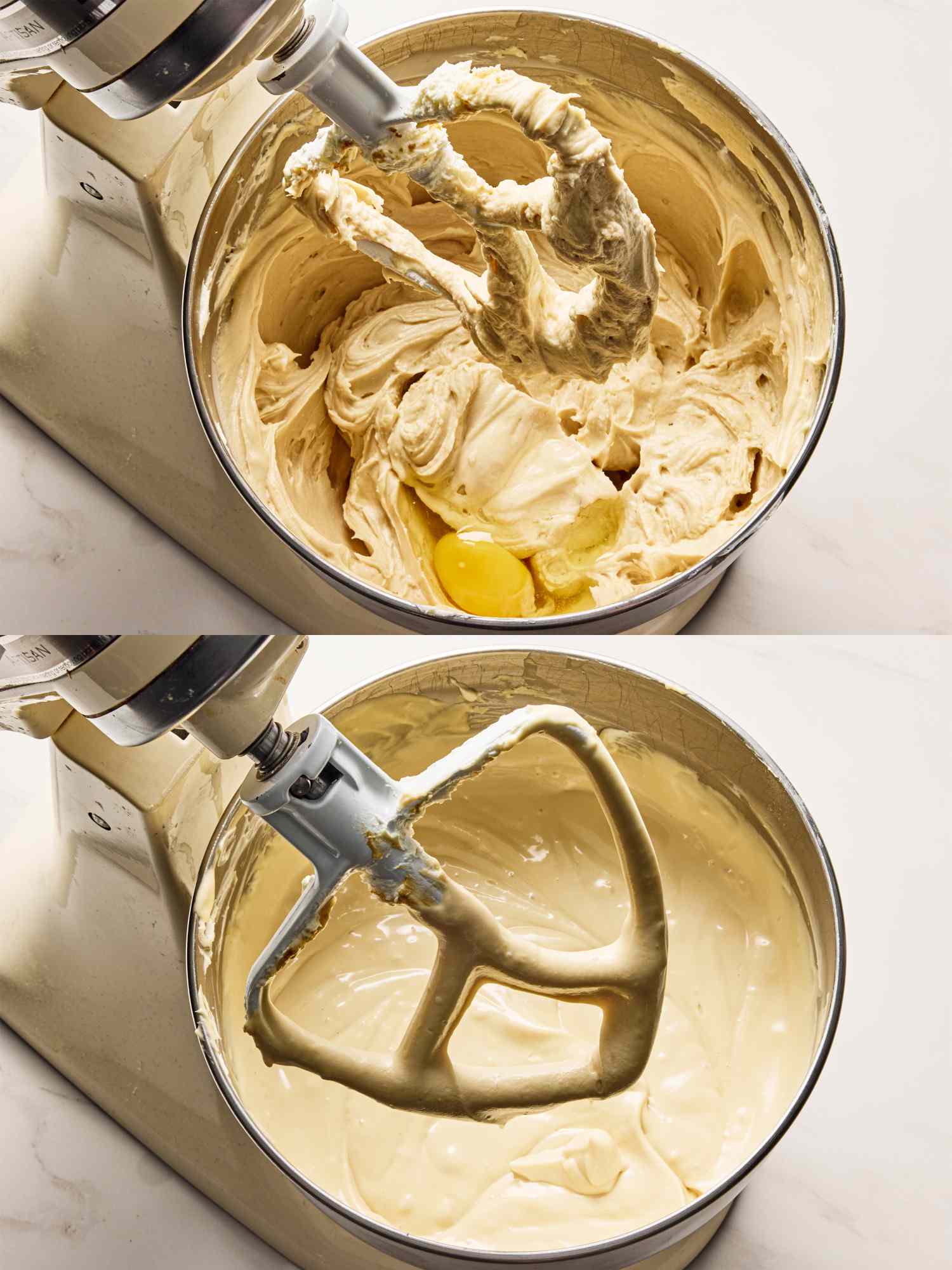 Mixing cheesecake batter in a stand mixer before and after fully mixing with ingredients incorporated