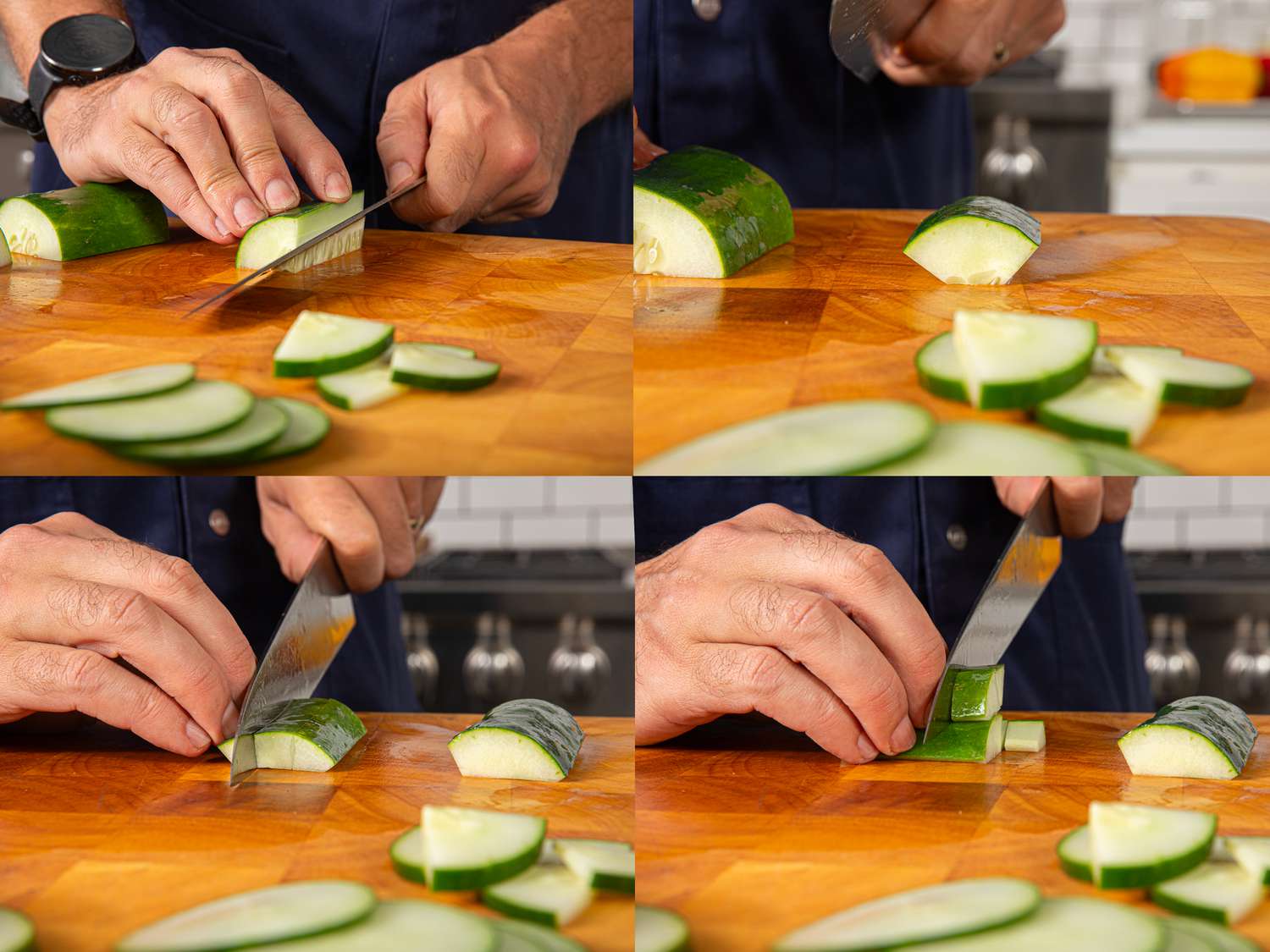 Four image collage of dicing cucumbers