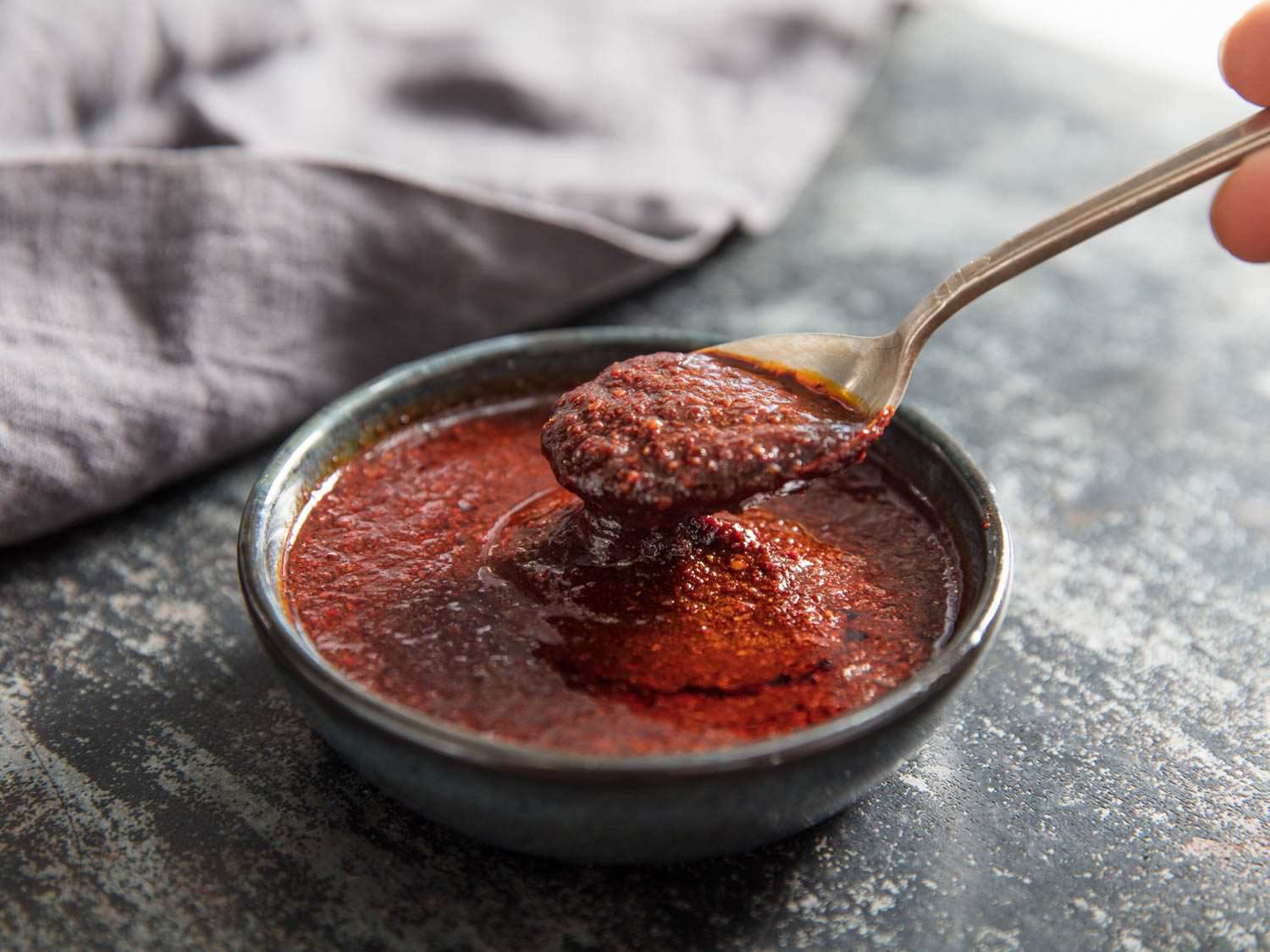 Bowl of harissa made from dried chilies.