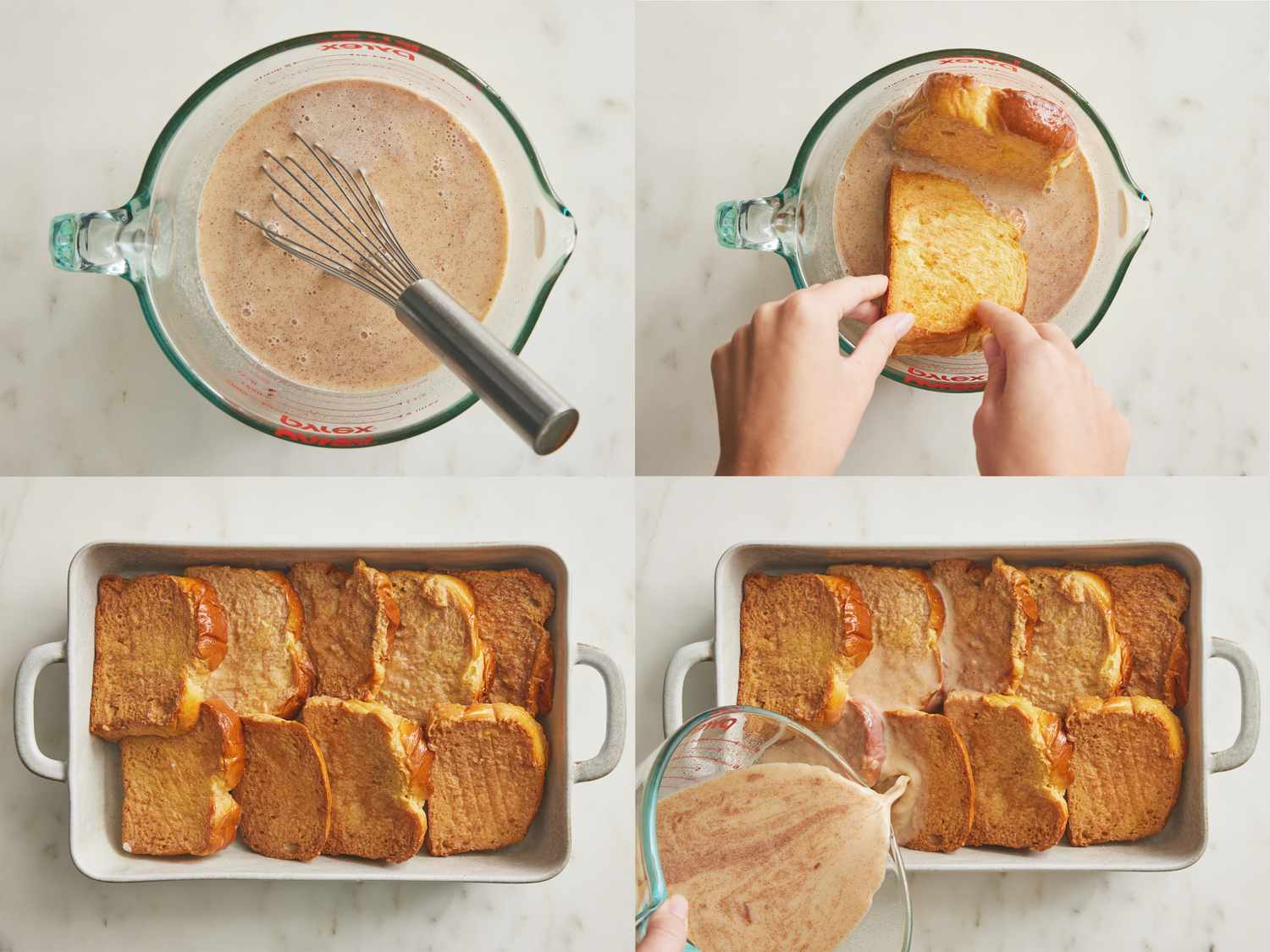 4 image collage. Top left: Milk and spice mixture whisked together in a measuring cup. Top Right: dipping bread into mixture. Bottom Left: Bread in a baking pan. Bottom Right: pouring mixture over bread 