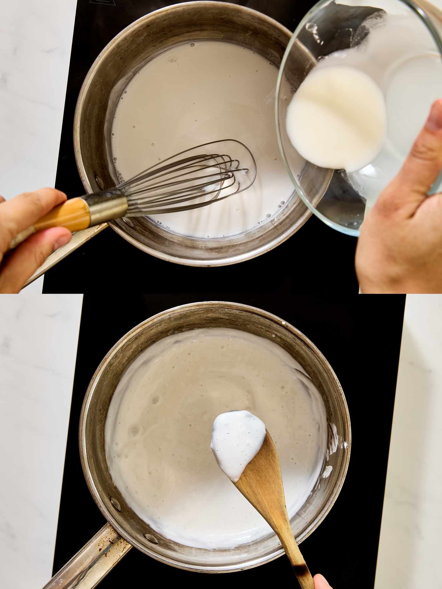 2 image collage. Top: whisking cornstarch into coconut milk. Bottom: mixture after thickened in bowl
