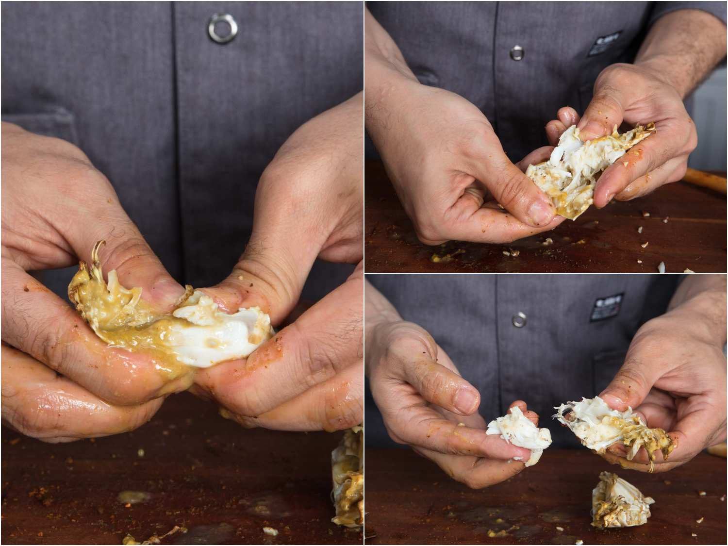 Snapping half the bottom shell of a crab in half, then digging out the meat