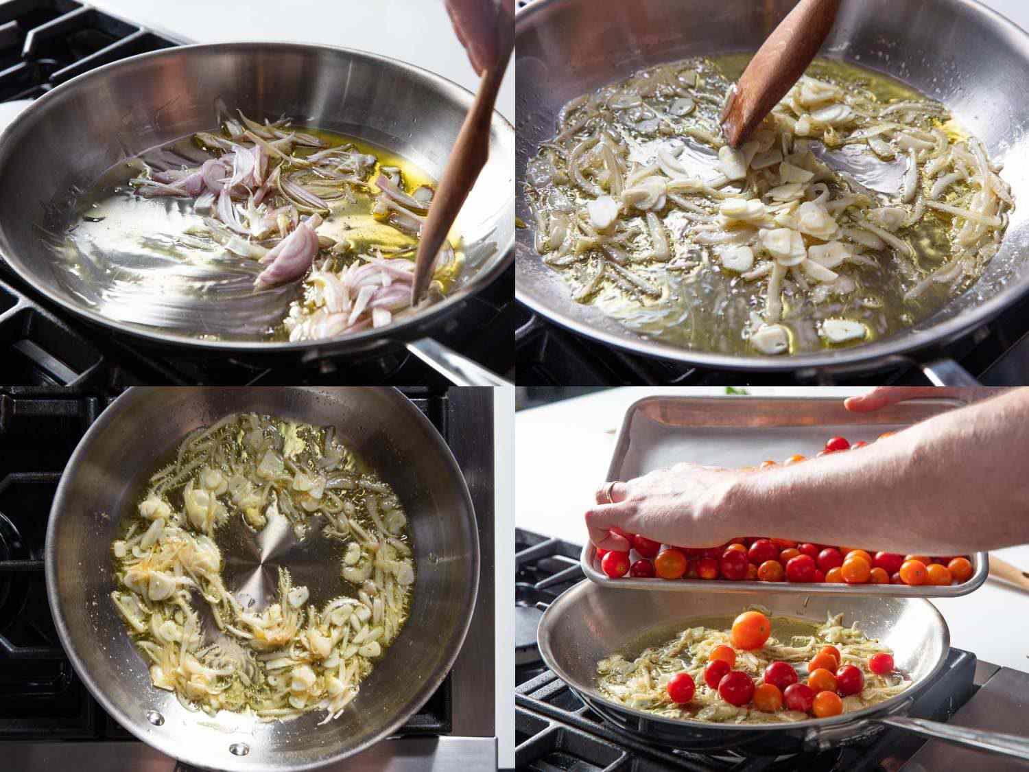 Photo collage of shallots and garlic sweating with olive olive oil in a skillet, and cherry tomatoes being added to the pan.