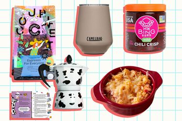 Couplet Coffee The Ultimate Espresso at Home Starter Kit, CamelBak Horizon 12 oz Wine Tumbler, Mr Bing Chili Crisp, and Murray's Lobster Mac And Cheese on a grid background