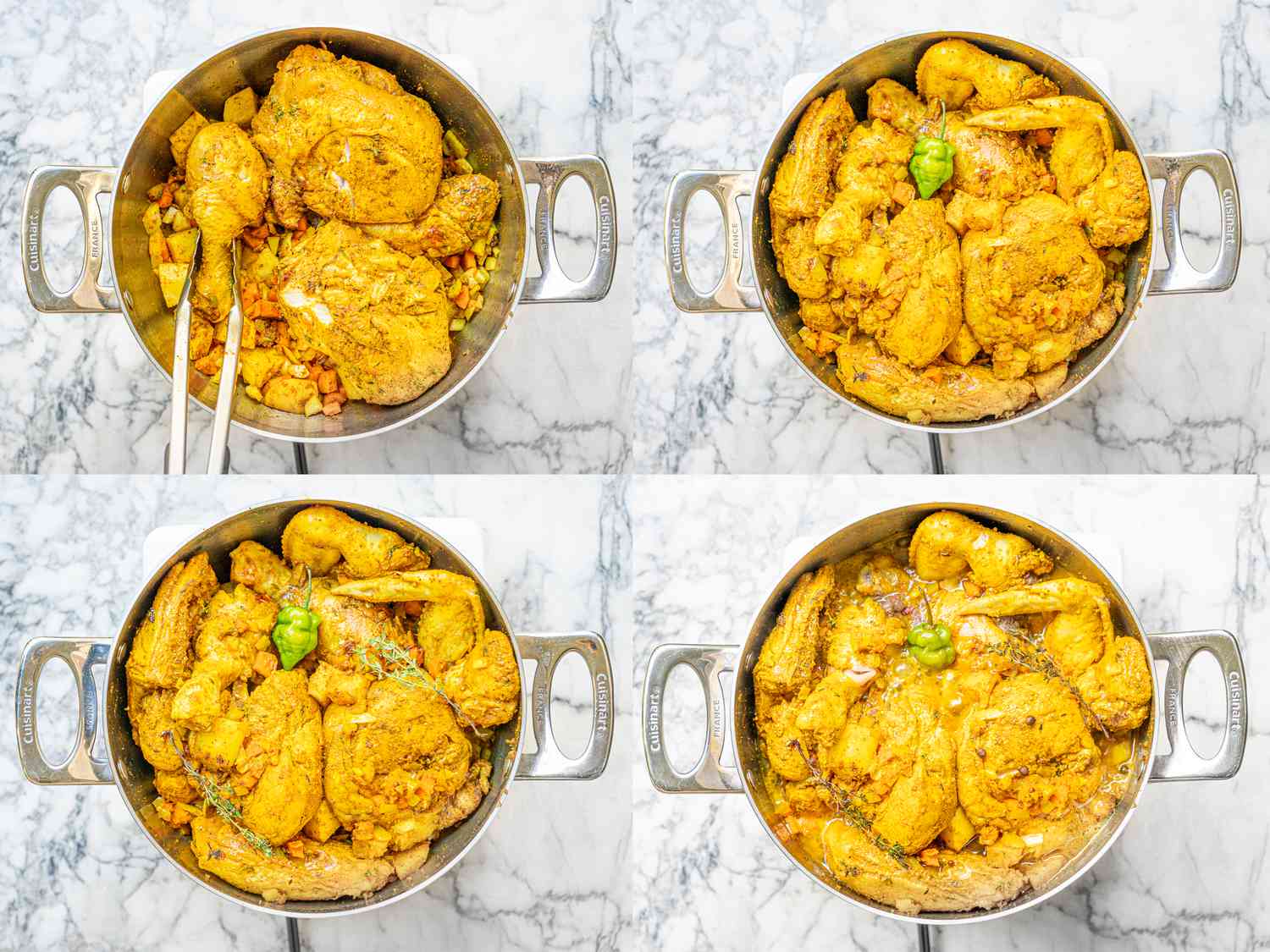 Four image collage of adding chicken back to pot with scotch bonnet pepper, thyme, and bring to a boil