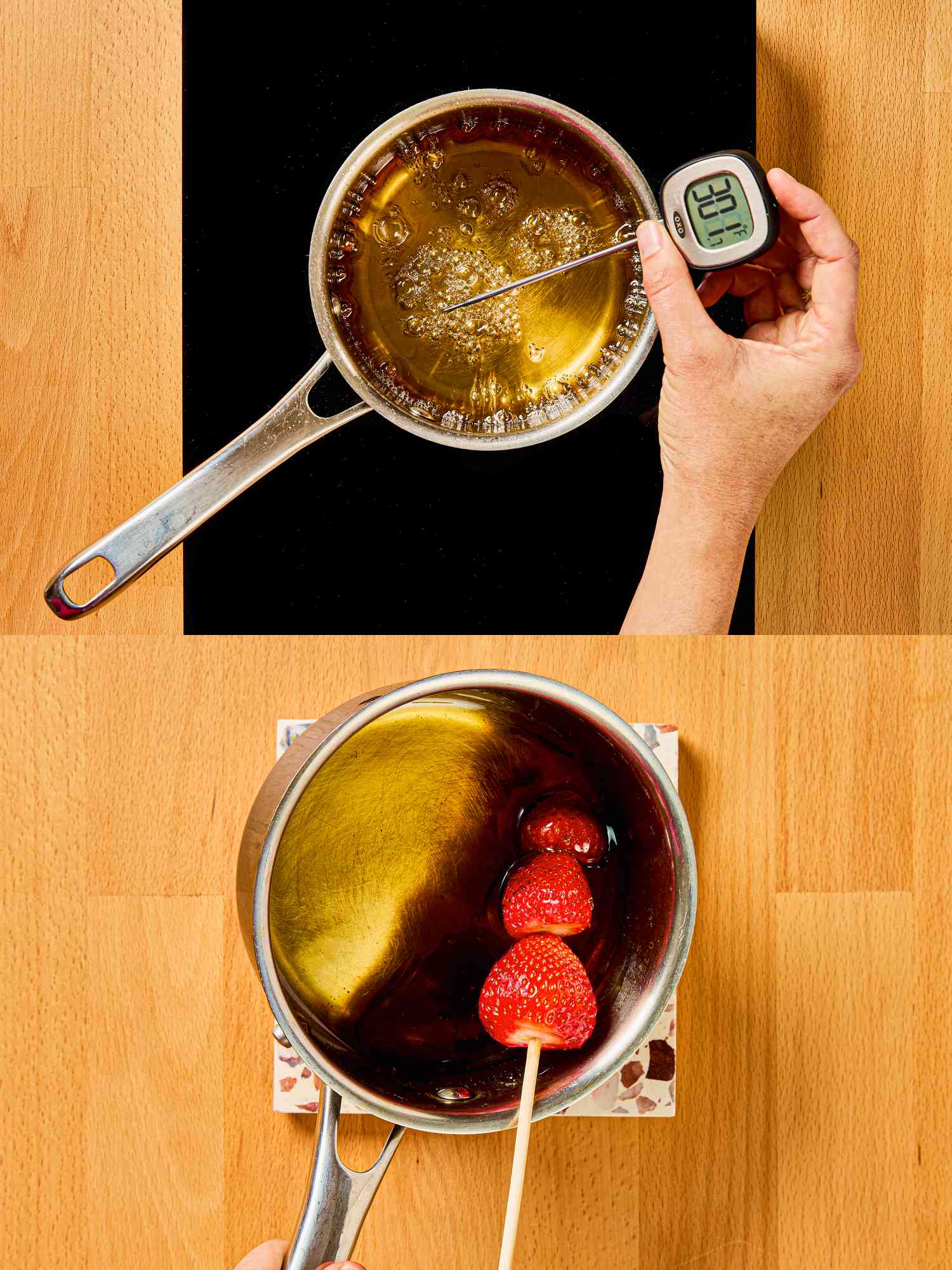 2 image collage. Top: Syrup in pot with hand holding a thermometer. Bottom: Dipping fruit skewer into hot syrup
