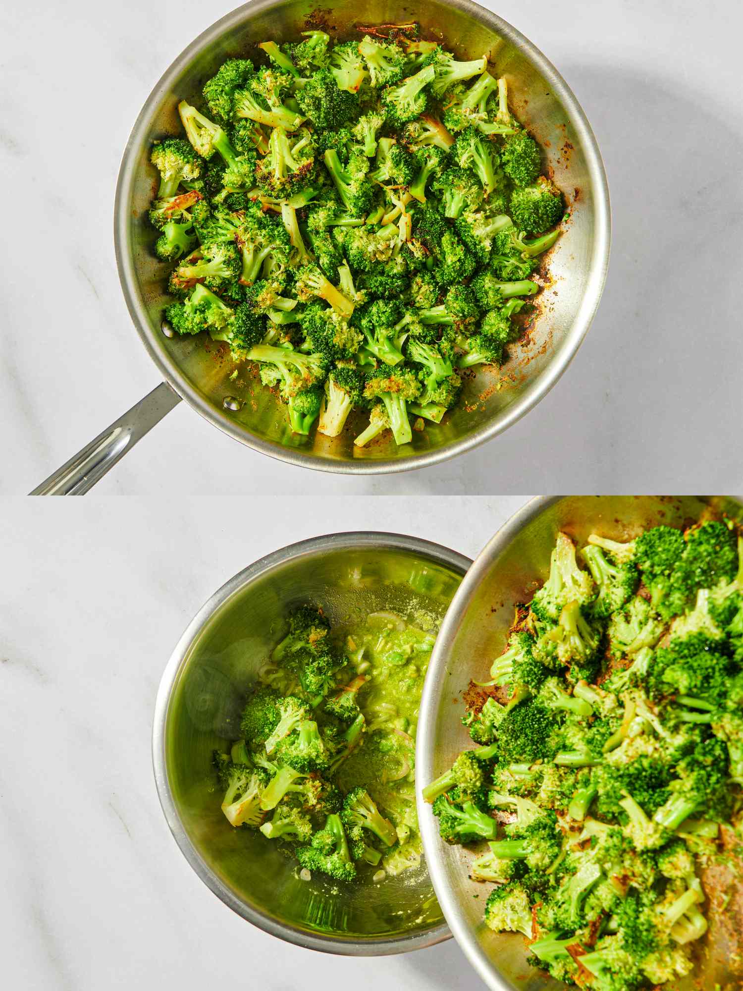Two views of broccoli being cooked and prepared with chickpeas in metal pans