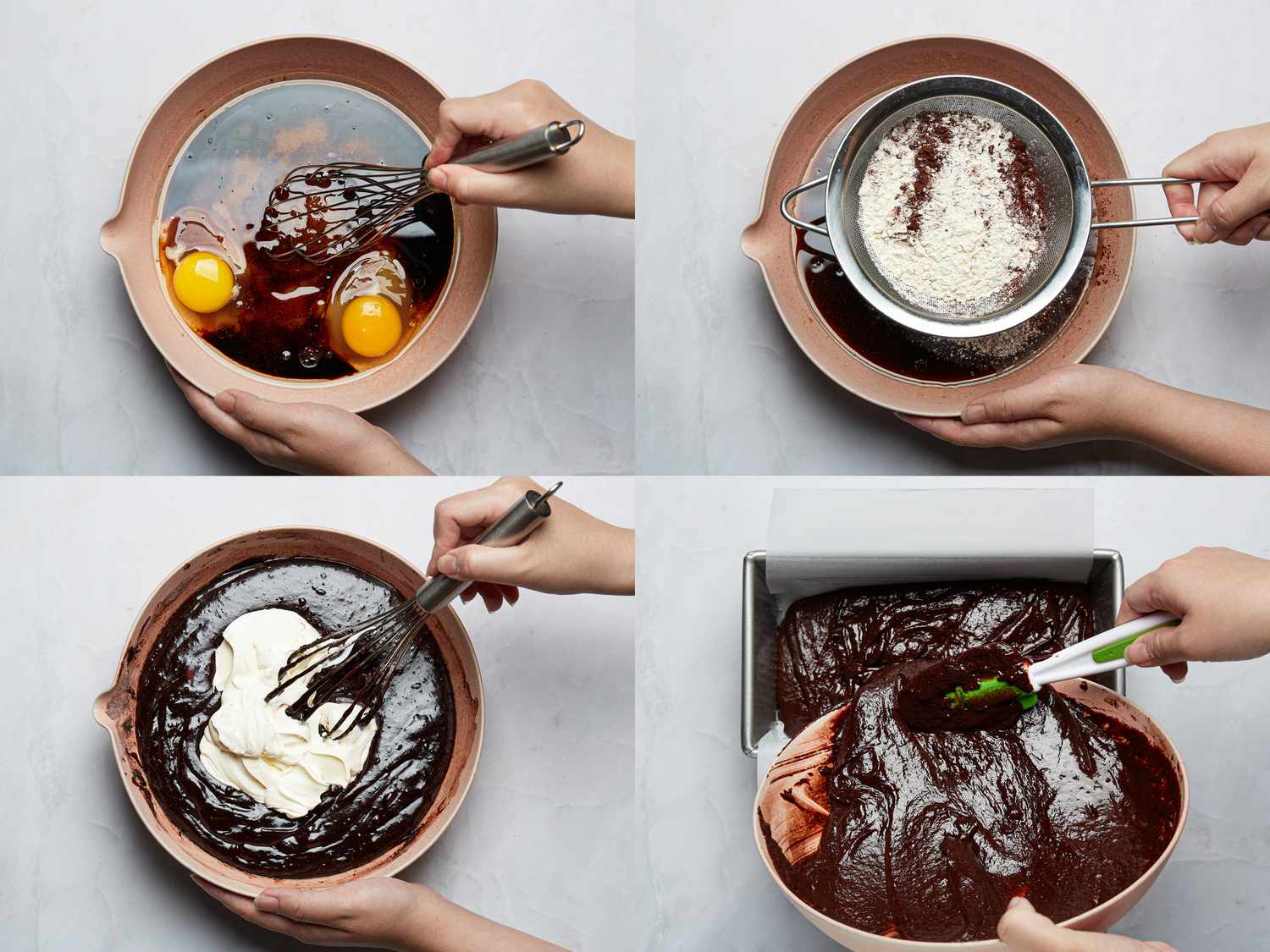 4 image collage. Top left: whisking eggs with oil, sugar and coffee in a bowl. Top right: sifting flour and coca powder with fine-mesh sieve.Bottom left: mixing creme fraiche into mixture. Bottom Right: pouring mixture into baking sheet 