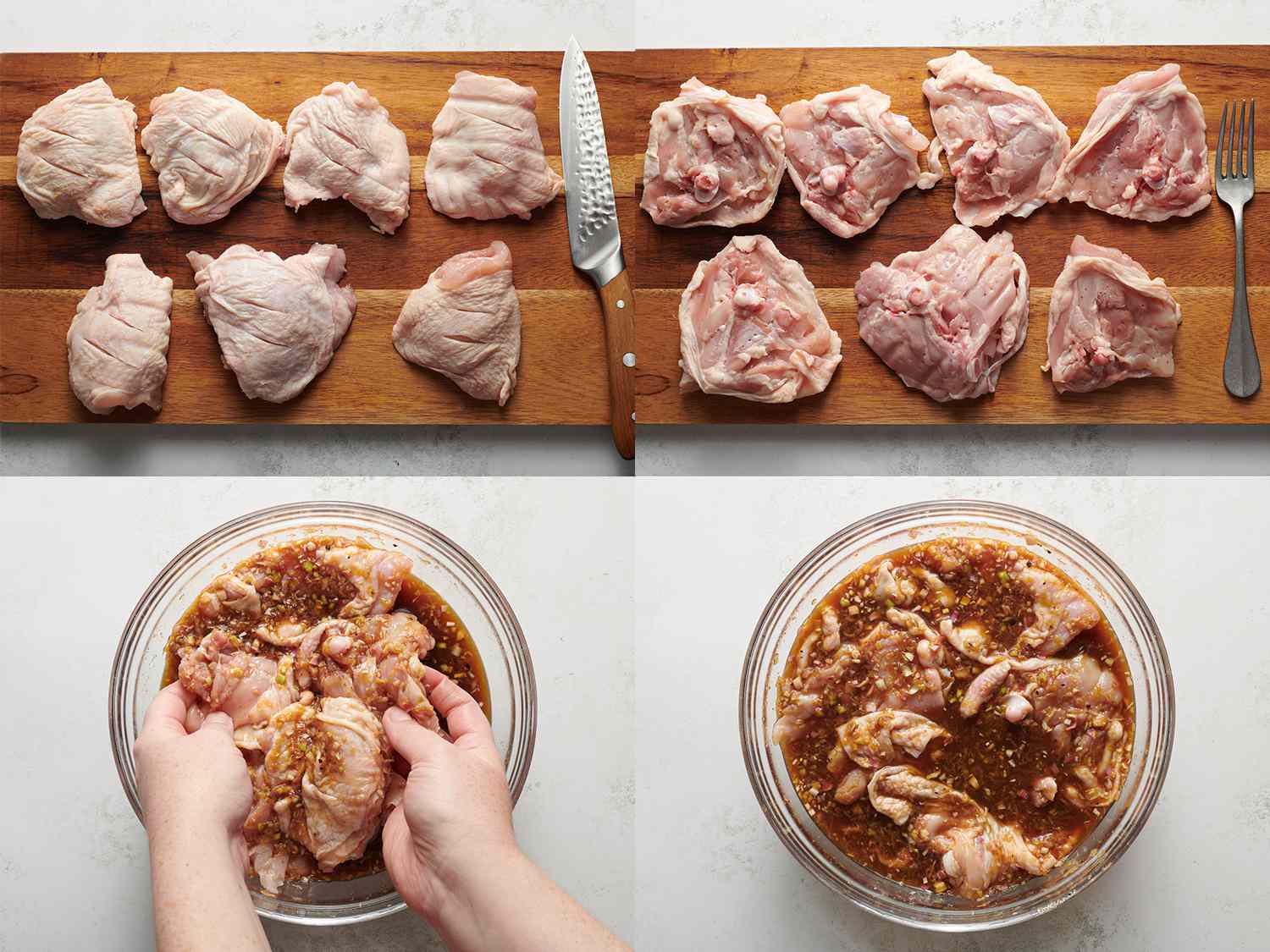 Four Image Collage. Top Left: Chicken on a cutting board slit with a knife. Top Right: Chicken flipped over and poked with a fork. Bottom Left: Two hands dunking chicken into marinade. Bottom Right: Chicken sitting in the marinade bowl