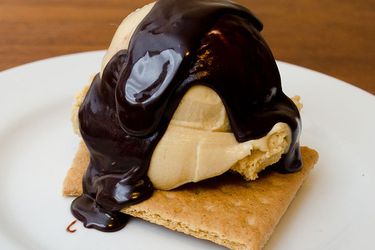 Closeup of s'mores sundae, served on a plate.