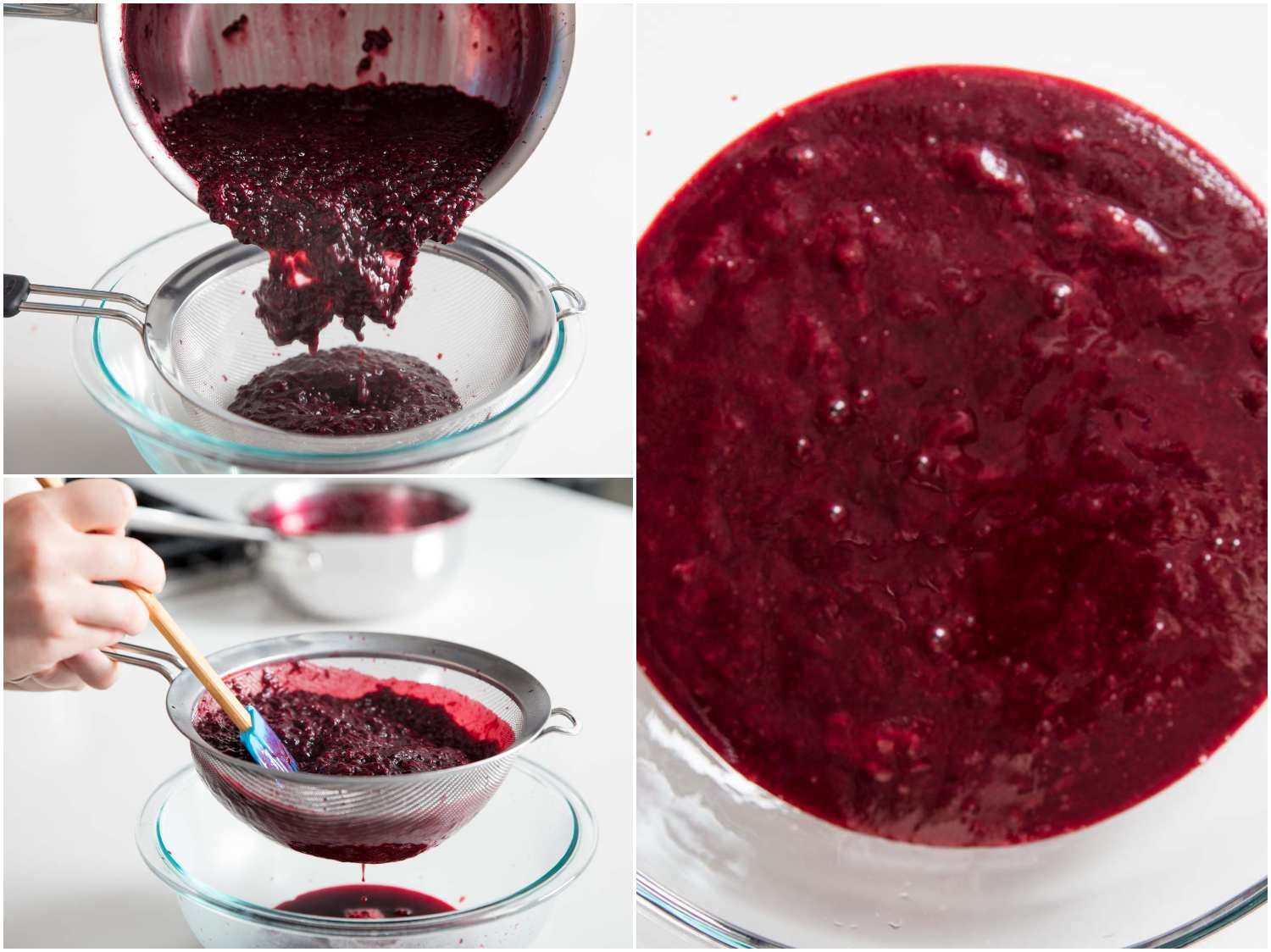 A three-image collage of straining blackberry mixture through a fine mesh strainer into a bowl, pressing the pulp to extract as much purée as possible. 