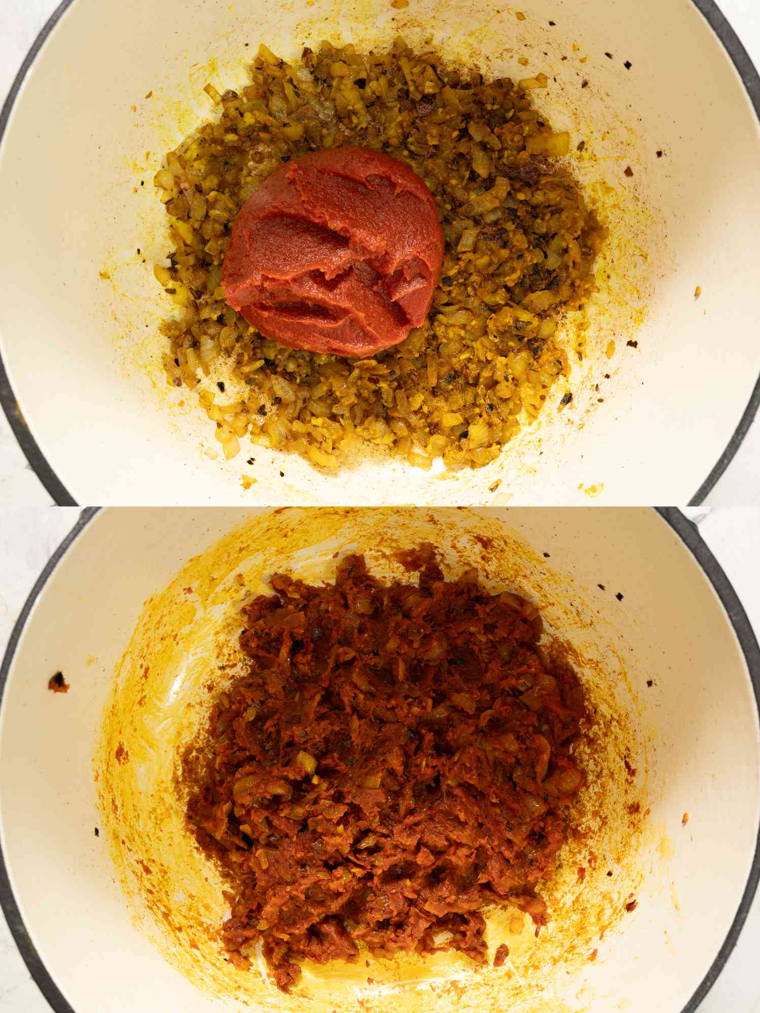2 image collage. Top: adding tomato paste into onion mixture. Bottom: tomato mixuture after mixed and reduced in 
