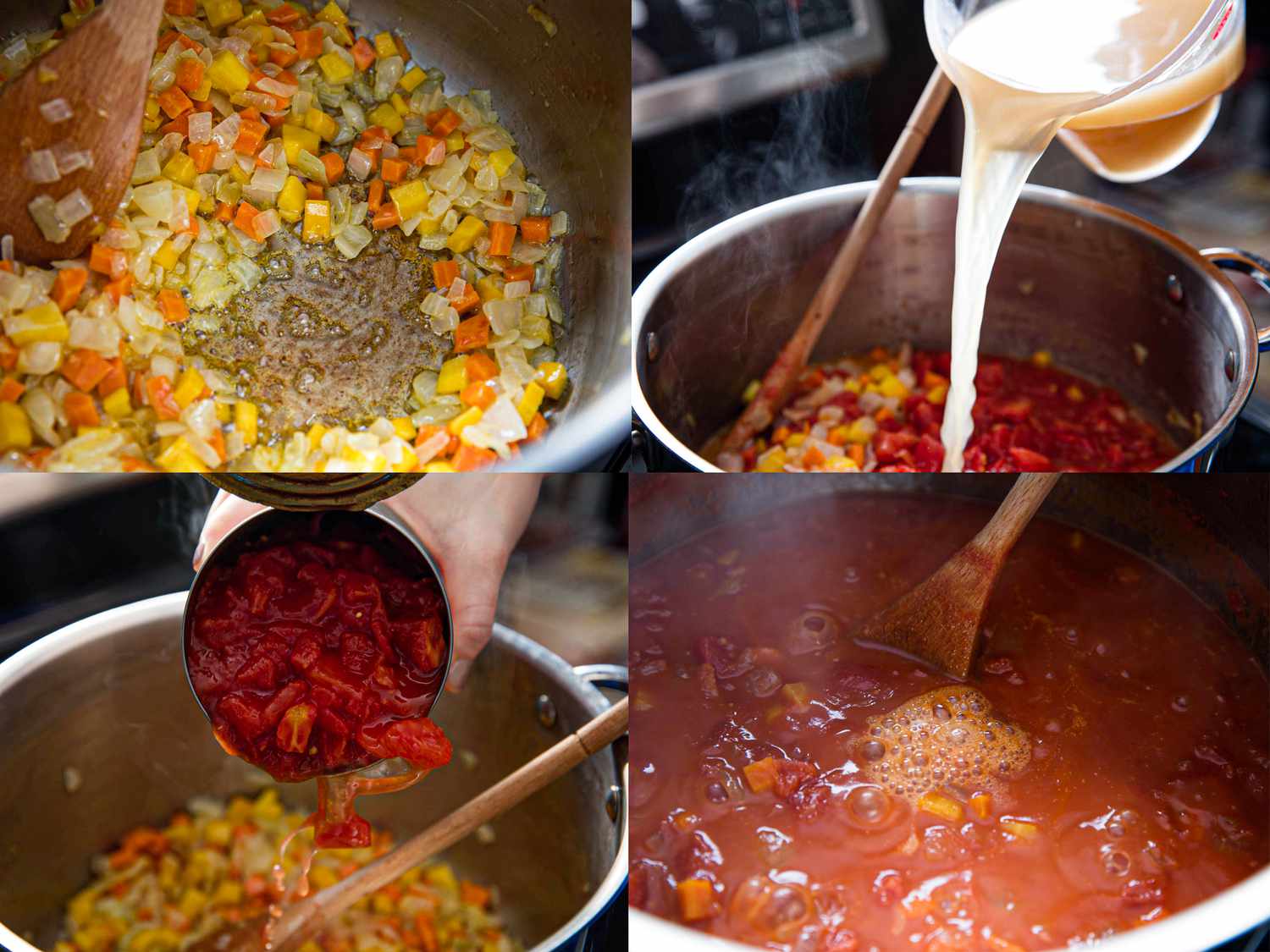 Four image collage of cooking onions and peppers, adding stock, tomatoes and simmering 